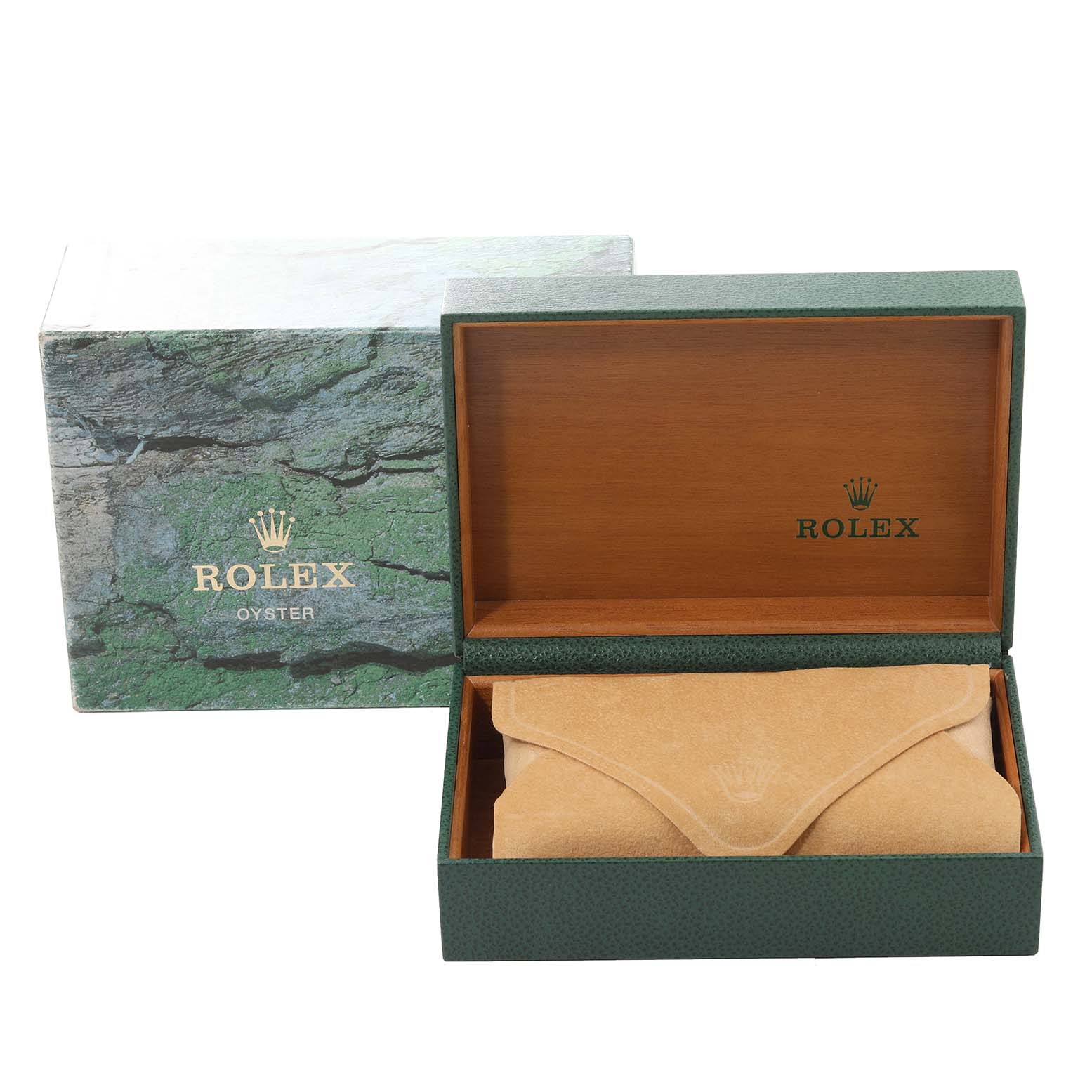 This image shows a Rolex President 68279 Women's Stainless Steel Silver Dial 68279 Women's Stainless Steel Silver Dial model watch box and an outer box, with the inner box open to reveal a suede pouch.