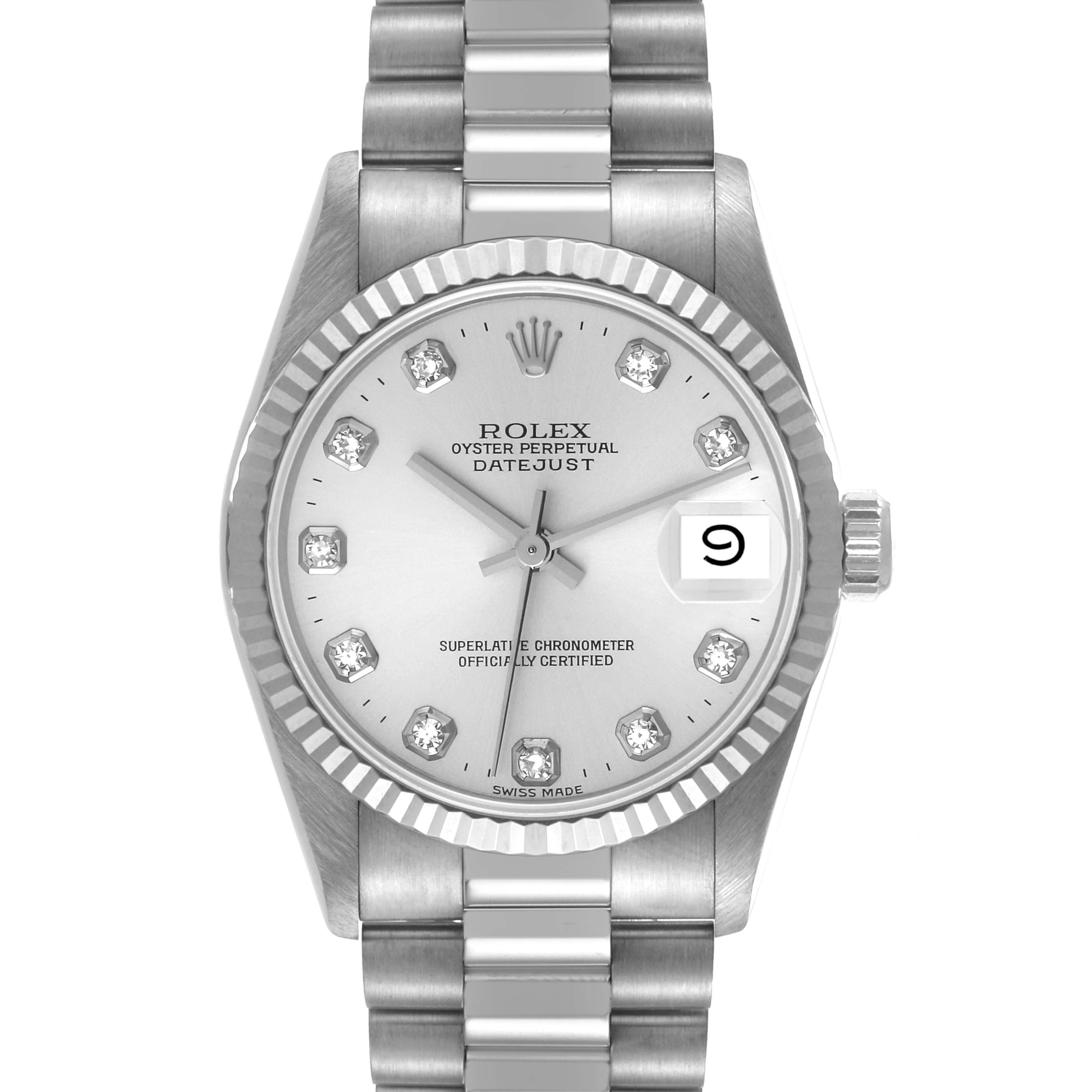The image shows a front angle view of a Rolex President 68279 Women's Stainless Steel Silver Dial 68279 Women's Stainless Steel Silver Dial model watch, featuring the face, bezel, crown, and part of the bracelet.