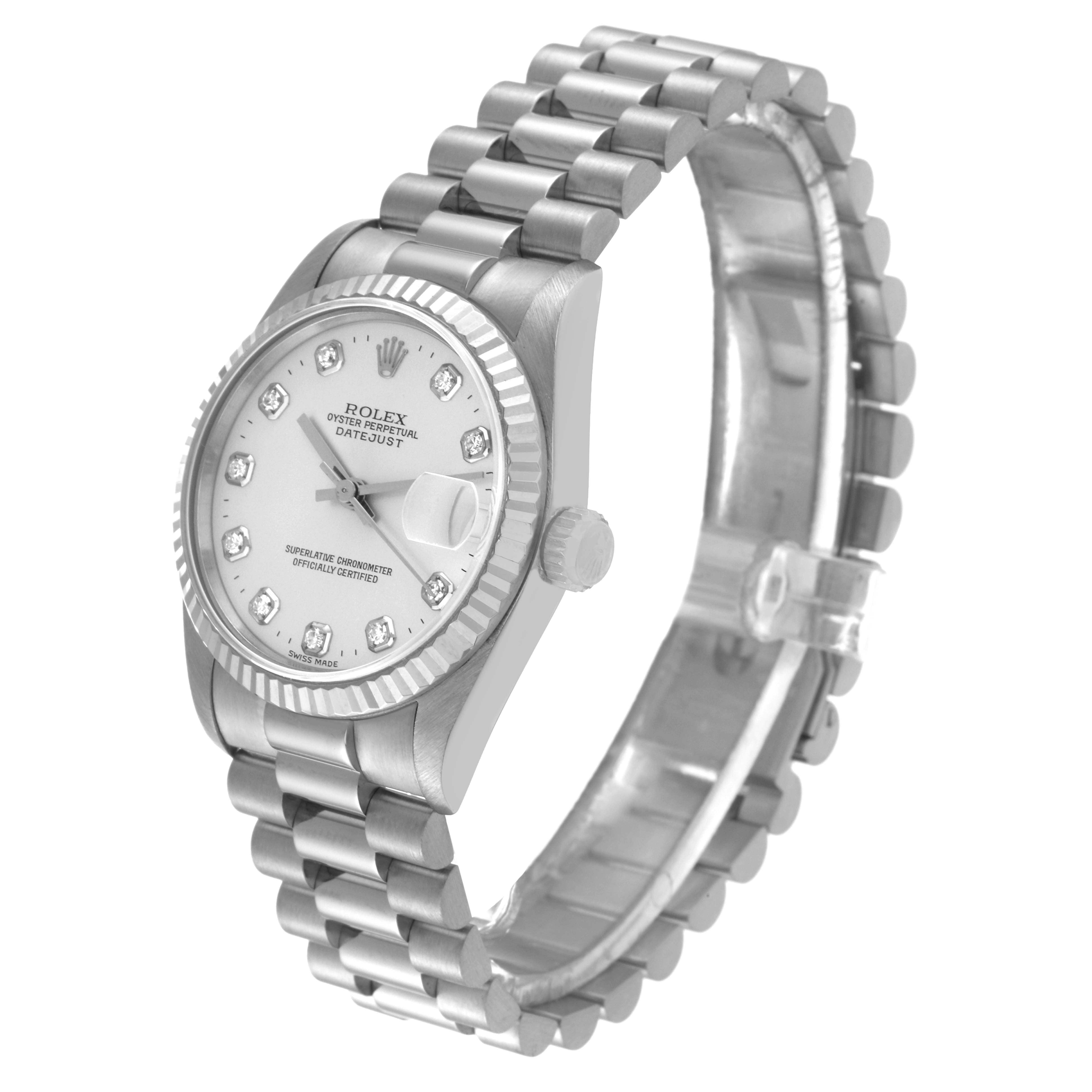 This image shows a side view of a Rolex President 68279 Women's Stainless Steel Silver Dial 68279 Women's Stainless Steel Silver Dial model watch, featuring the face, bezel, crown, and bracelet.