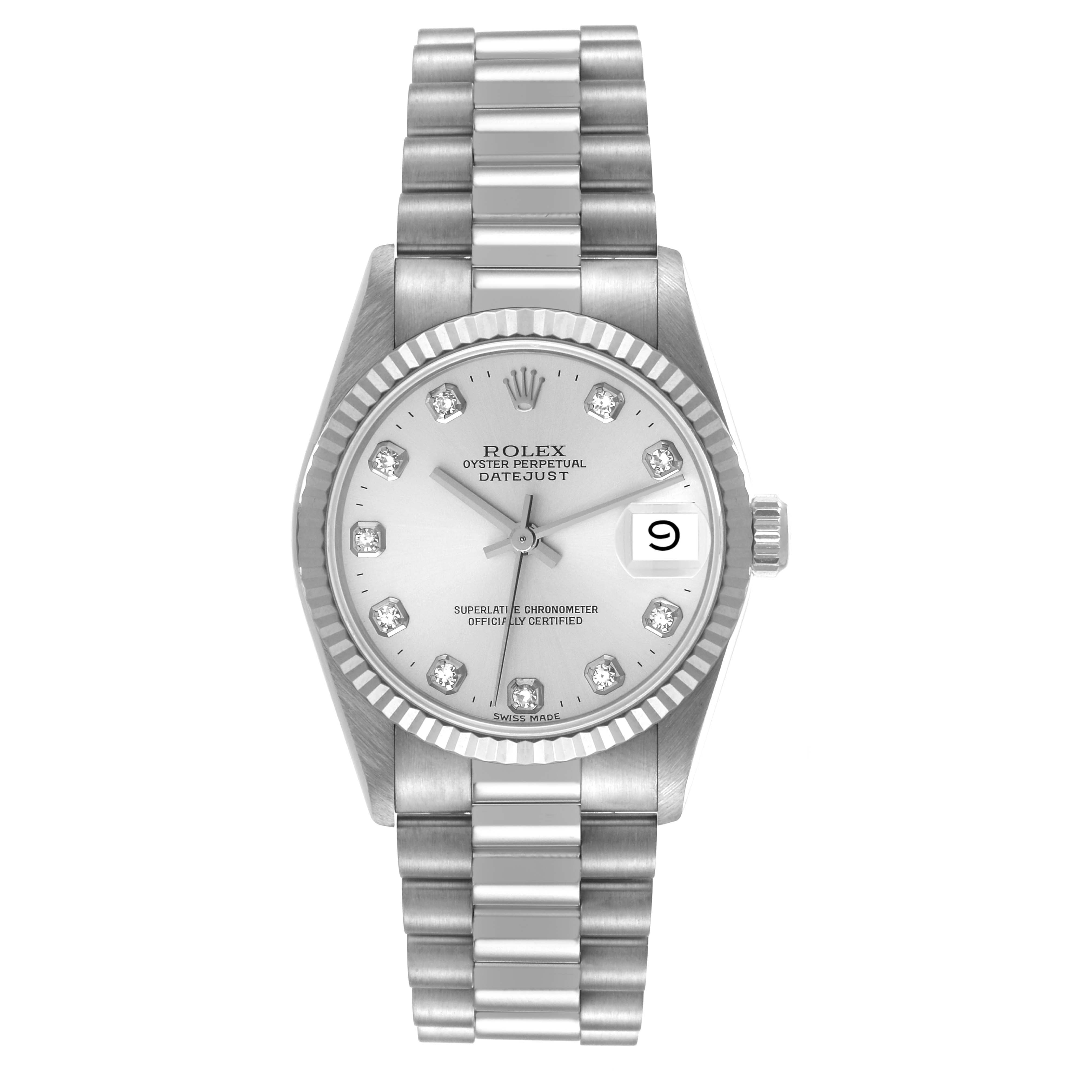 The image shows a frontal view of the Rolex President 68279 Women's Stainless Steel Silver Dial 68279 Women's Stainless Steel Silver Dial model, featuring its dial, hands, bracelet, and date window.