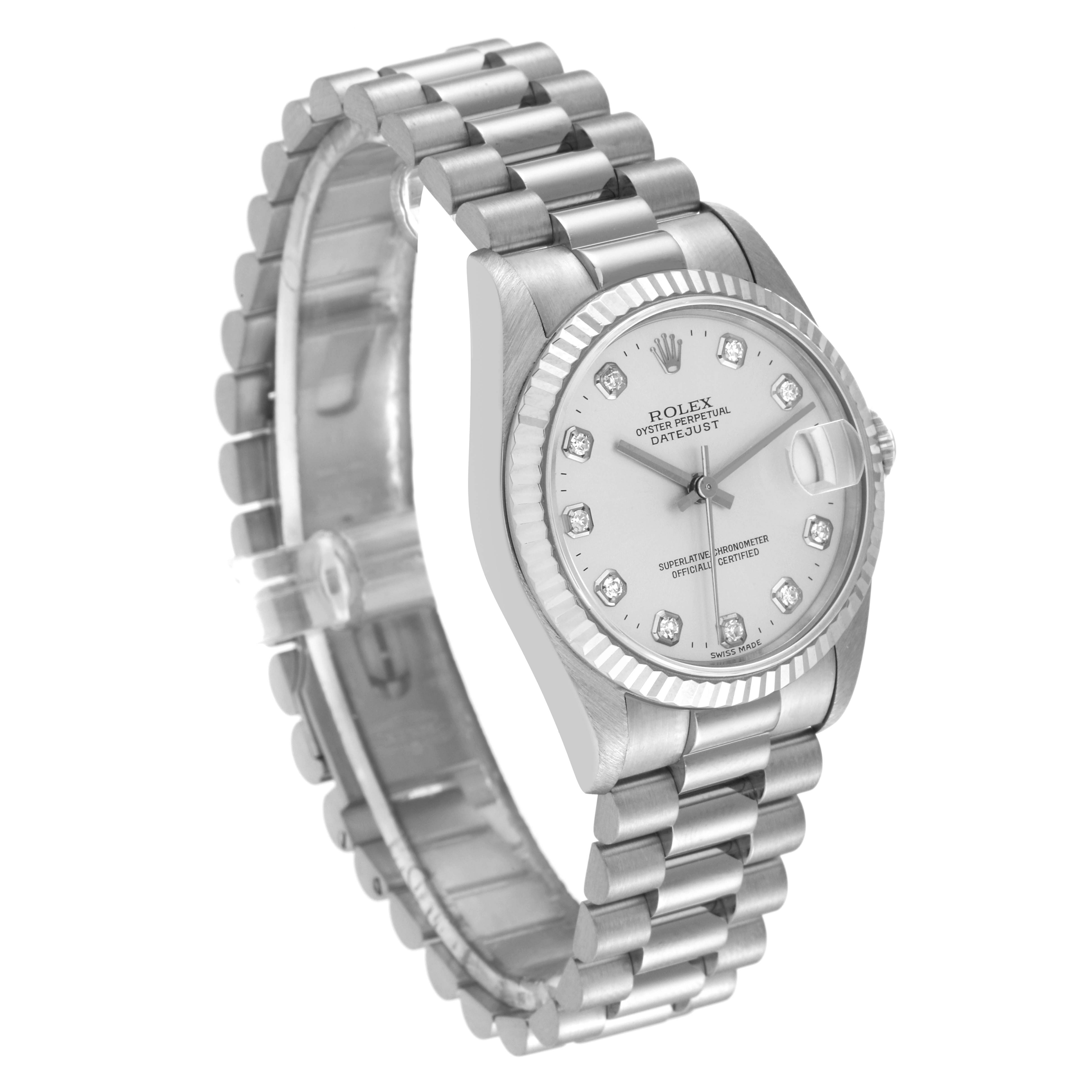 The Rolex President 68279 Women's Stainless Steel Silver Dial 68279 Women's Stainless Steel Silver Dial model watch is shown at an angle displaying its face, bezel, and bracelet clearly.