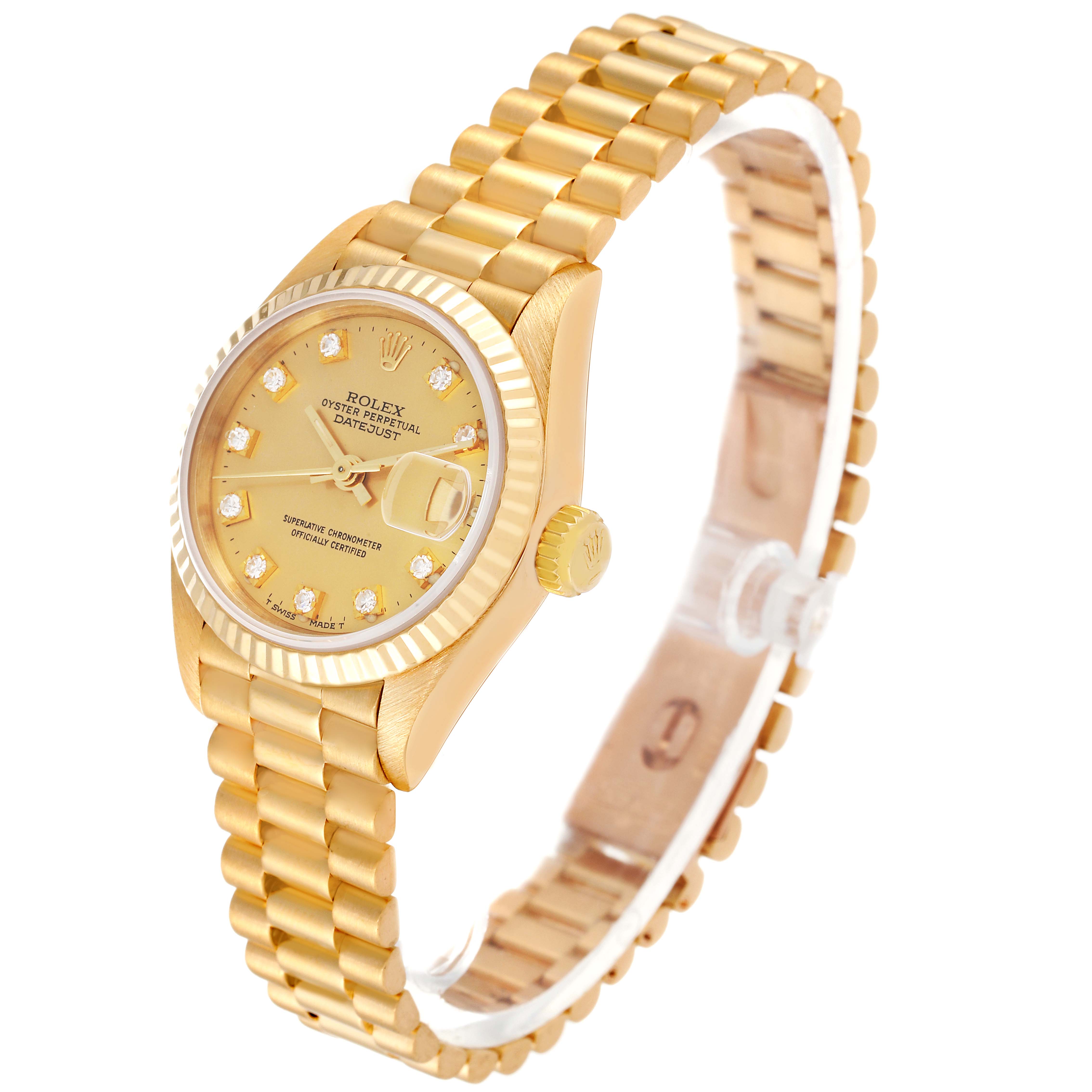 This image shows a Rolex President 69178 Women
s Yellow Gold Champagne Dial 69178 Women
s Yellow Gold Champagne Dial model watch from an angled top view, highlighting its gold case, fluted bezel, and bracelet.