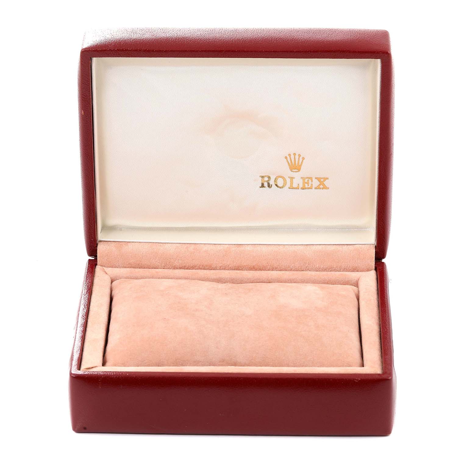 This is an empty Rolex watch box for the President model, shown from the front with the lid open.