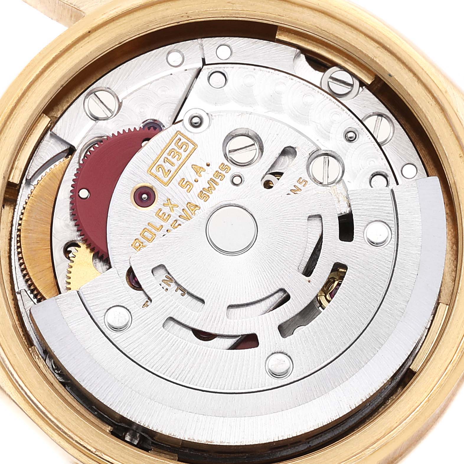 This image shows a close-up of the movement inside the Rolex President 69178 Women
s Yellow Gold Champagne Dial 69178 Women
s Yellow Gold Champagne Dial watch, highlighting its intricate inner mechanics.