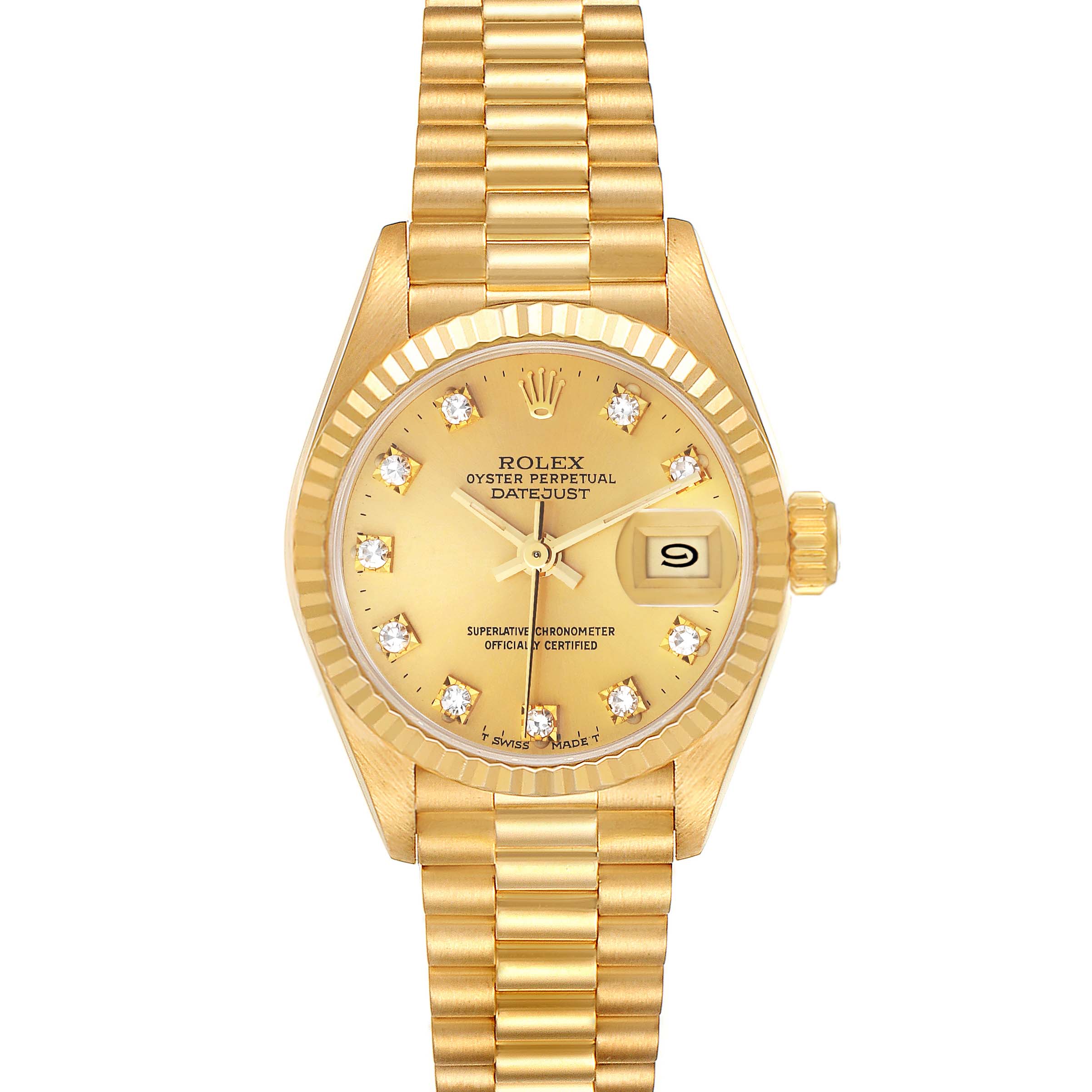 The Rolex President 69178 Women
s Yellow Gold Champagne Dial 69178 Women
s Yellow Gold Champagne Dial model is shown from the front, displaying its gold case, bracelet, diamond indices, and date window.