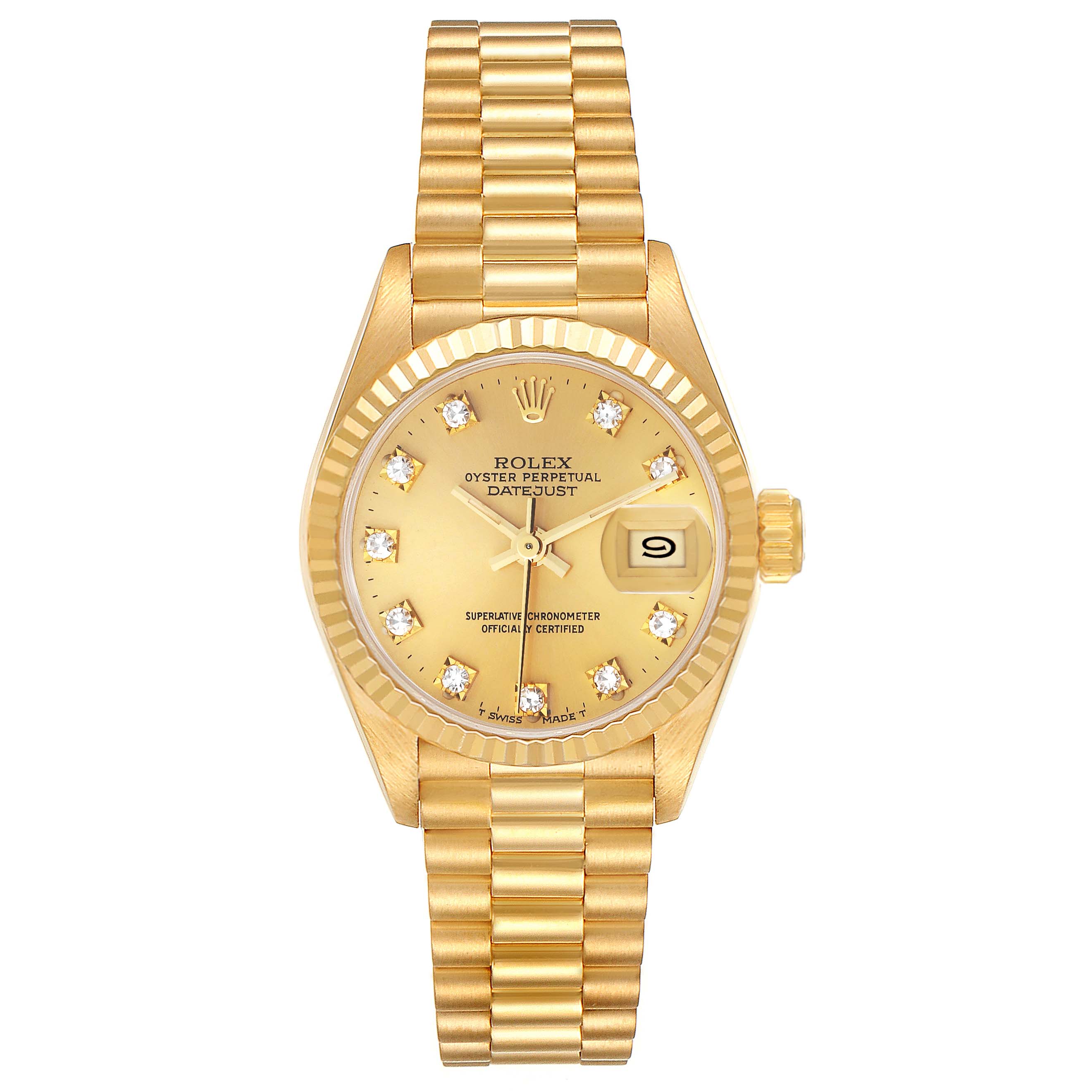 This image shows a frontal view of a Rolex President 69178 Women
s Yellow Gold Champagne Dial 69178 Women
s Yellow Gold Champagne Dial model watch, highlighting its gold bracelet, face, and date window.