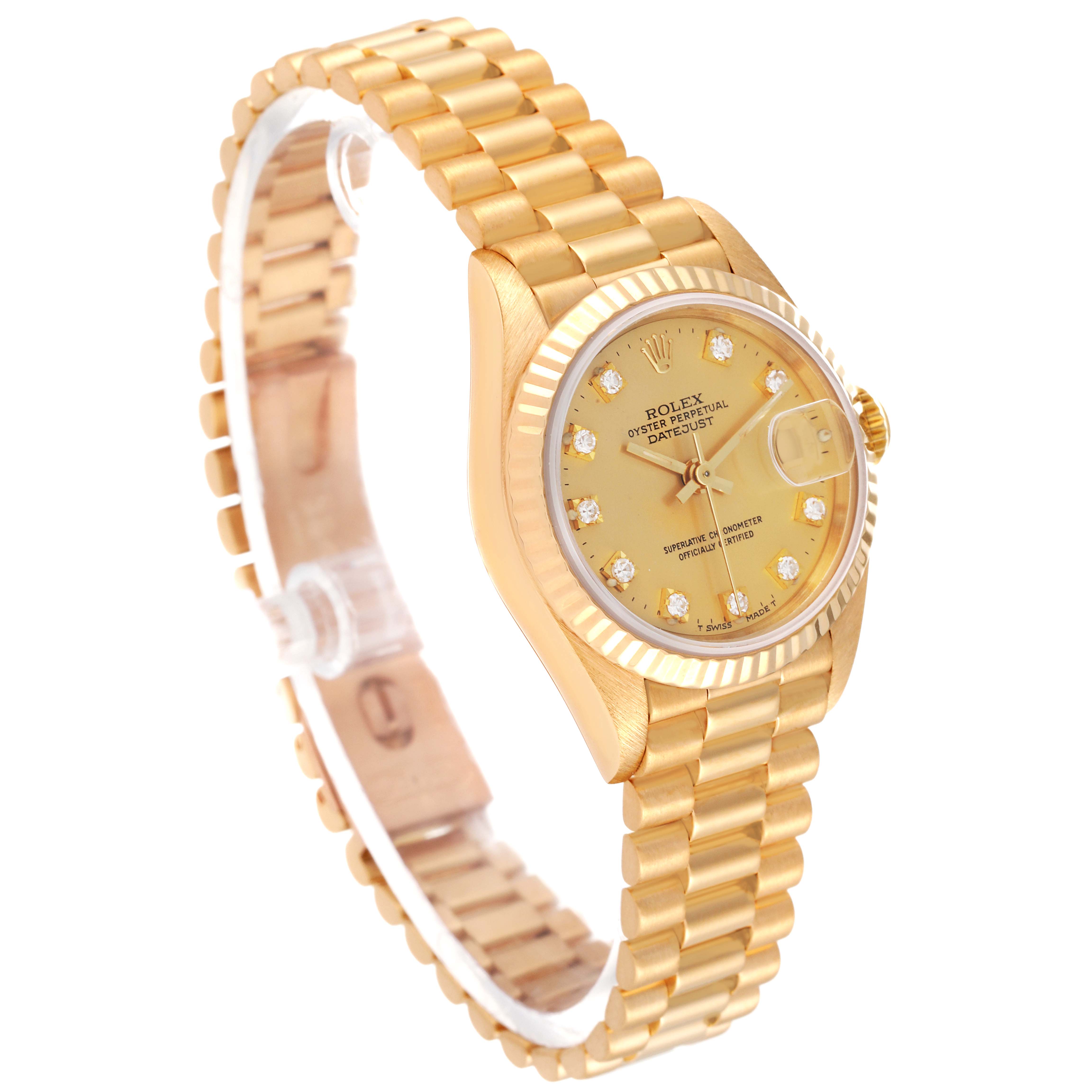 The image shows a side angle of a Rolex President 69178 Women
s Yellow Gold Champagne Dial 69178 Women
s Yellow Gold Champagne Dial model watch, displaying its gold band, bezel, and diamond-studded dial.