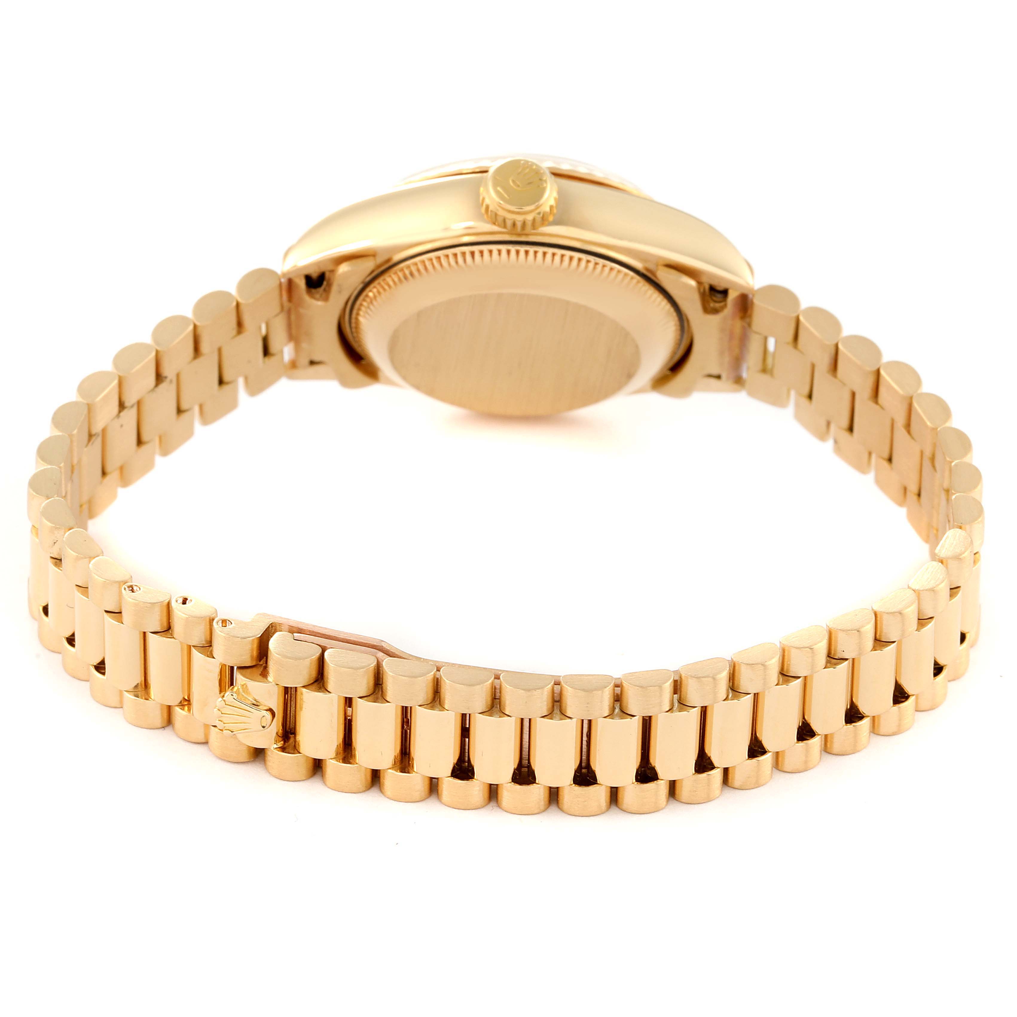 The image shows the back side and bracelet of the Rolex President 69178 Women
s Yellow Gold Champagne Dial 69178 Women
s Yellow Gold Champagne Dial model watch from a rear angle.
