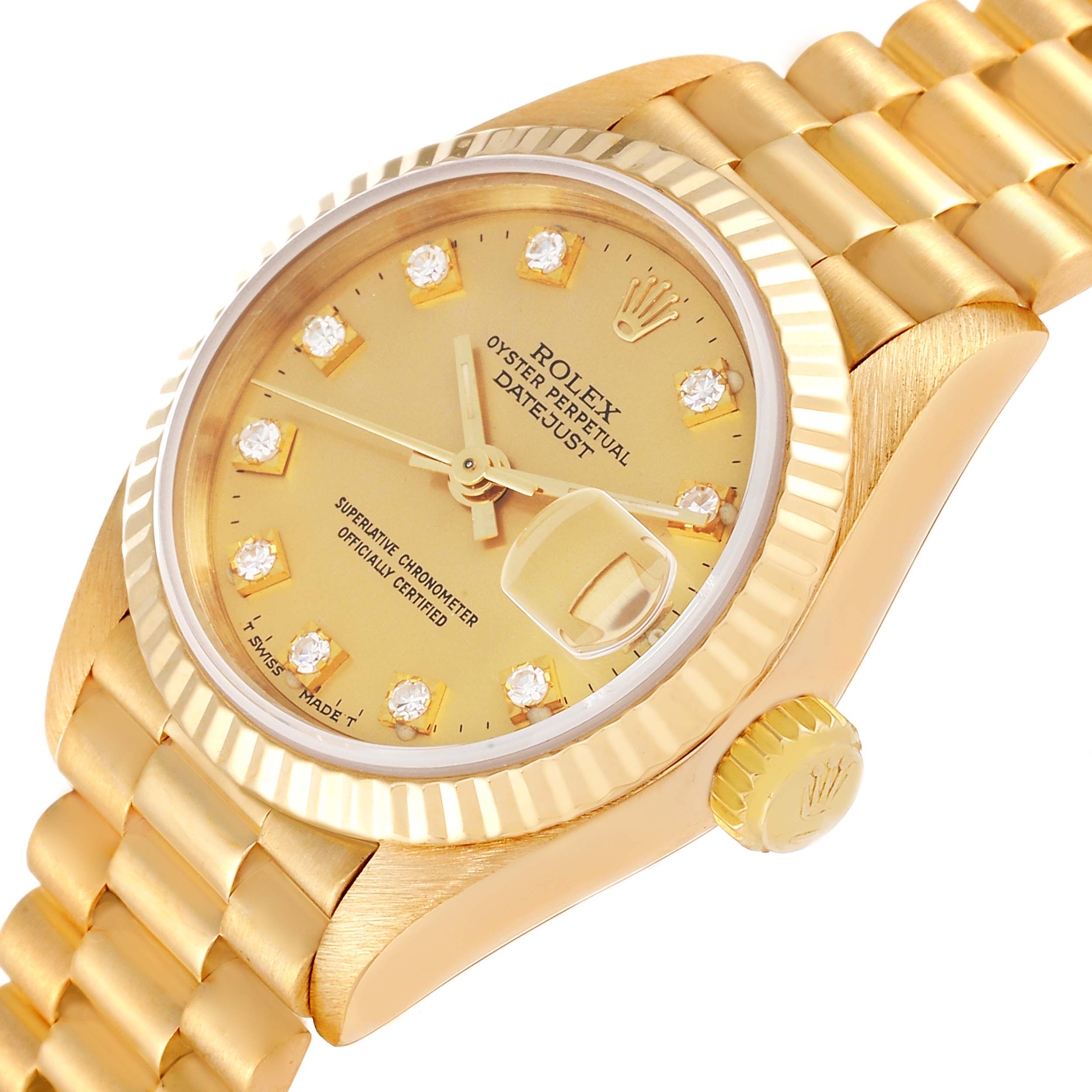 The Rolex President 69178 Women
s Yellow Gold Champagne Dial 69178 Women
s Yellow Gold Champagne Dial model watch is shown at an angle displaying the face, bezel, crown, and bracelet.