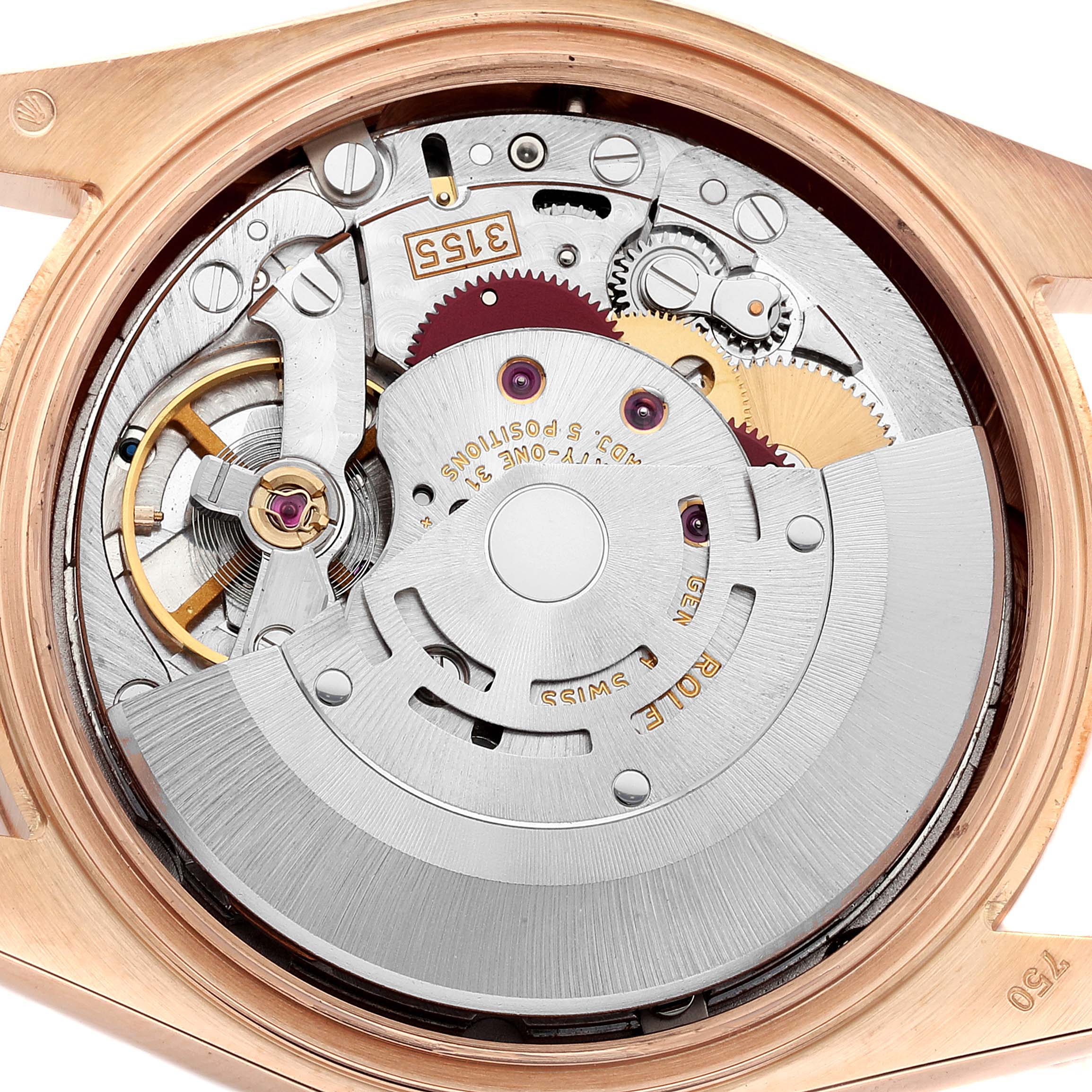 This image shows the inner mechanical movement of a Rolex President 118235 Men's Rose Gold Pink Dial 118235 Men's Rose Gold Pink Dial model watch from a top-down view.