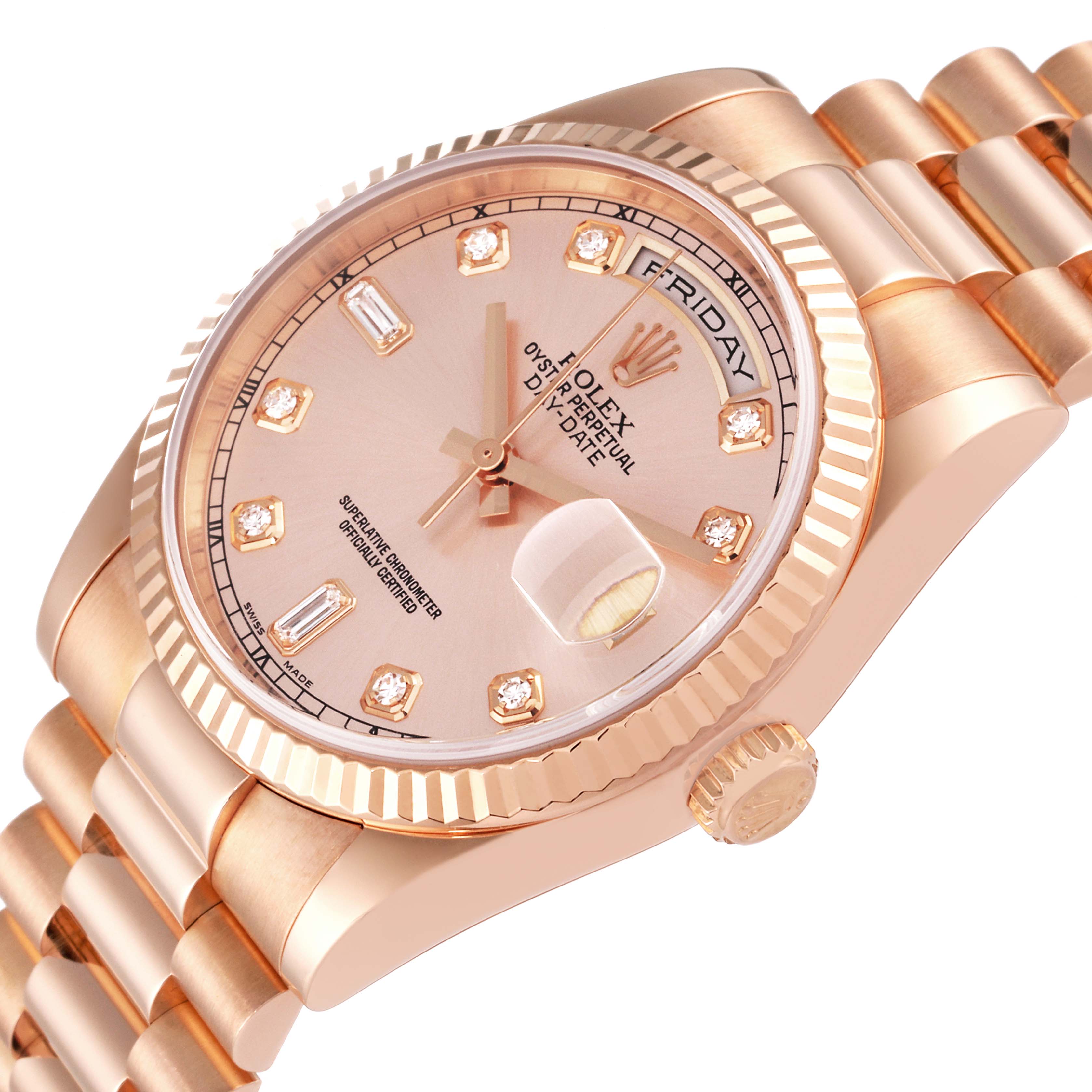 The Rolex President 118235 Men's Rose Gold Pink Dial 118235 Men's Rose Gold Pink Dial model watch is shown at an angled view, highlighting its gold case, fluted bezel, dial with diamond hour markers, and day-date display.