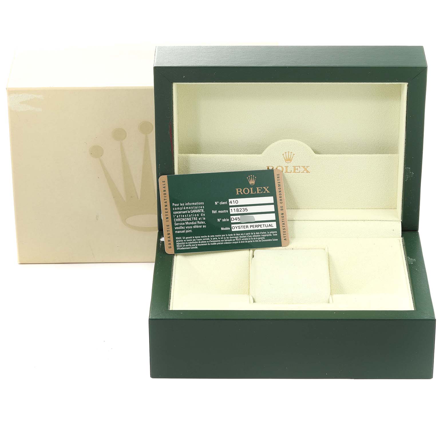 The image shows an open Rolex President 118235 Men's Rose Gold Pink Dial 118235 Men's Rose Gold Pink Dial model box with its authenticity card placed partly inside.