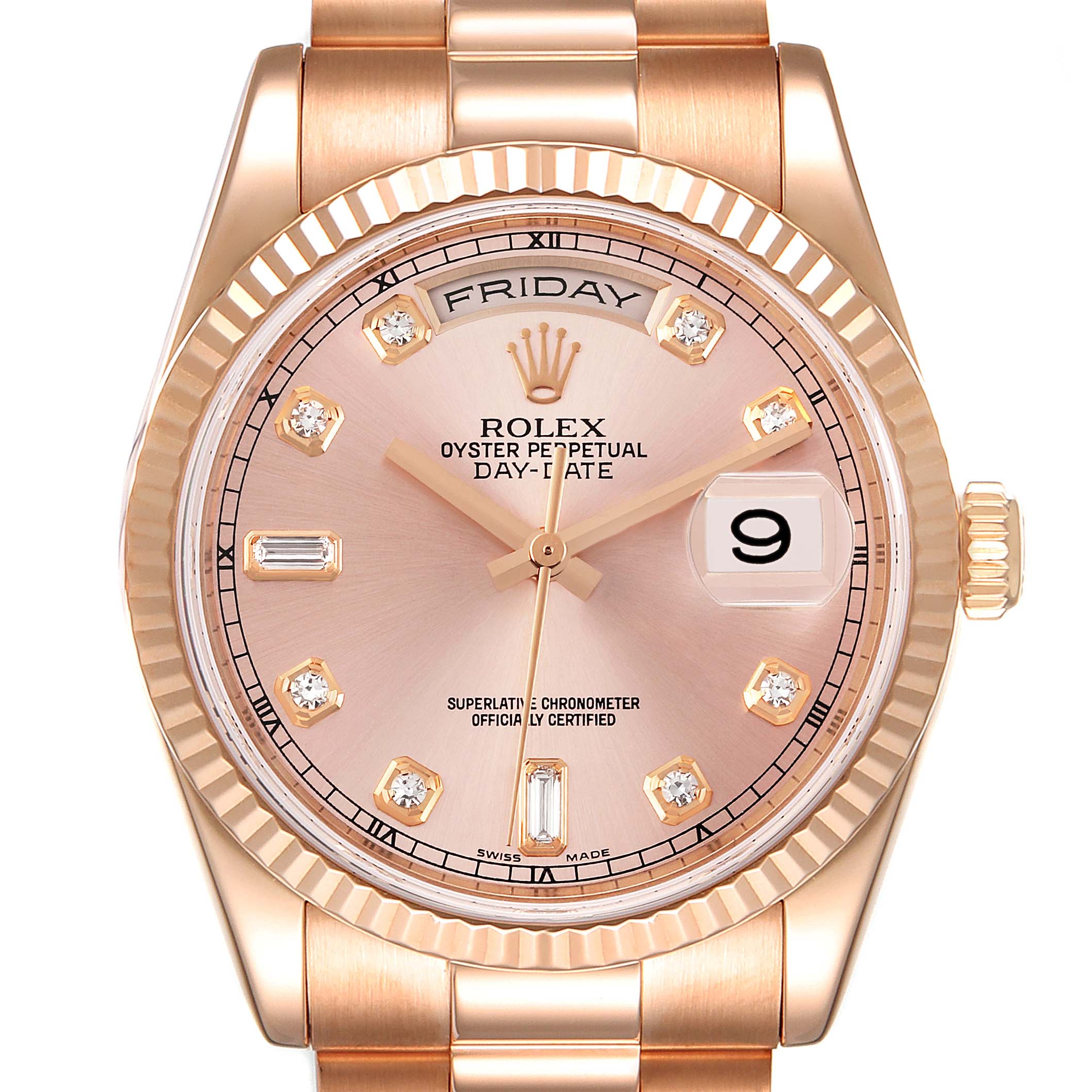 The image shows a front-facing view of a Rolex President 118235 Men's Rose Gold Pink Dial 118235 Men's Rose Gold Pink Dial Day-Date model, highlighting its dial, fluted bezel, and bracelet.