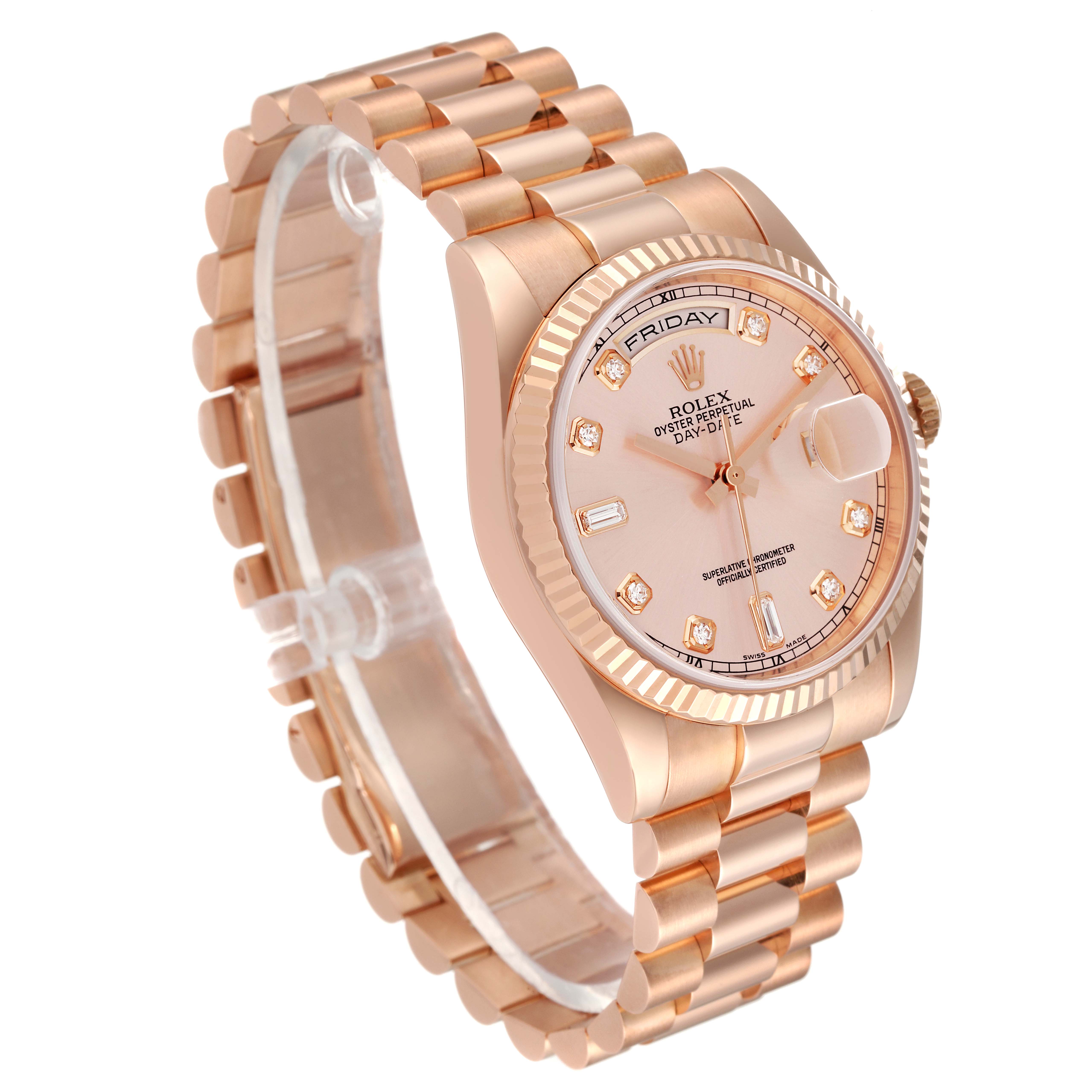 The Rolex President 118235 Men's Rose Gold Pink Dial 118235 Men's Rose Gold Pink Dial model watch is shown at an angled side view, displaying its bracelet, case, dial, and features.