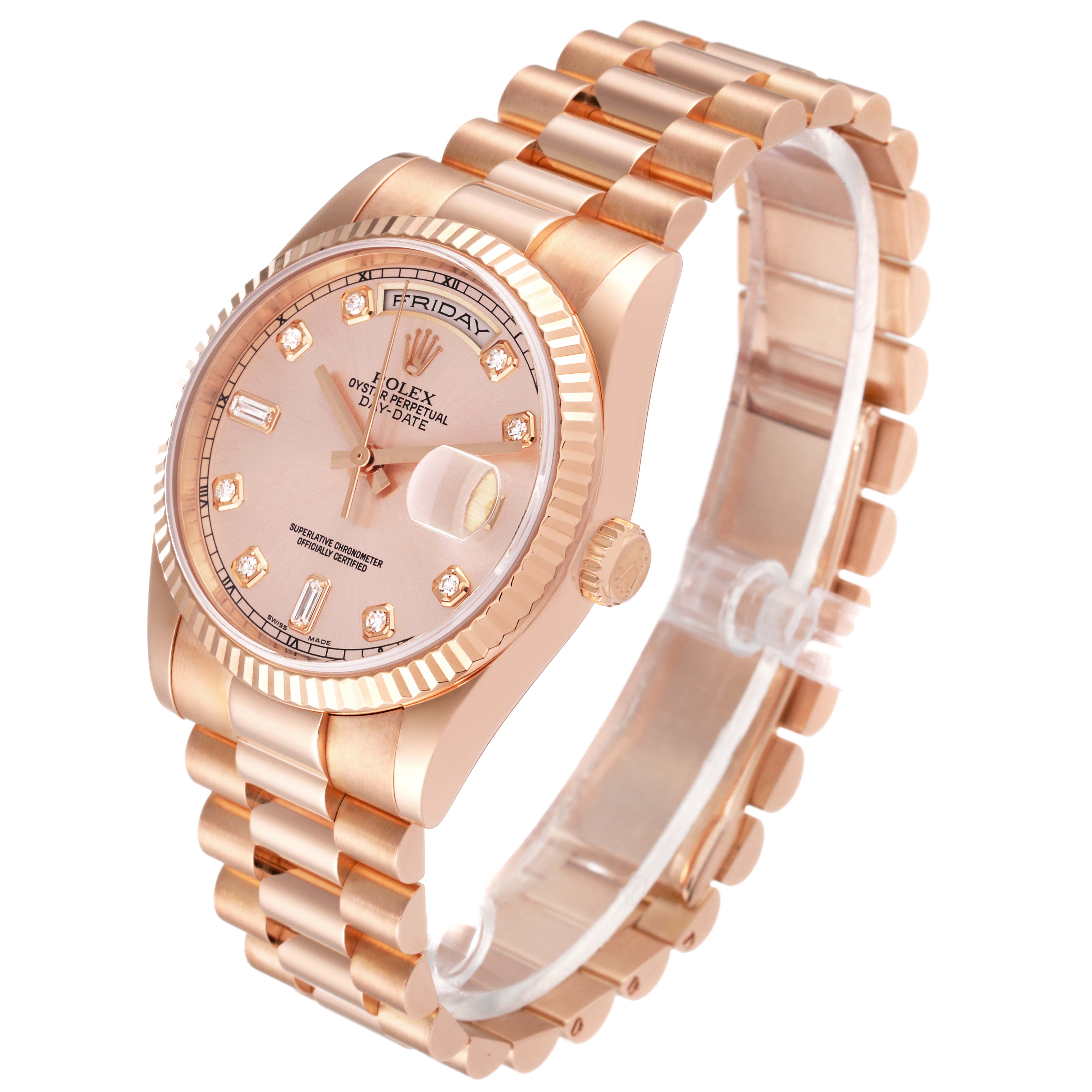 This image shows a Rolex President 118235 Men's Rose Gold Pink Dial 118235 Men's Rose Gold Pink Dial watch from an oblique angle, highlighting the face, bezel, crown, and bracelet.