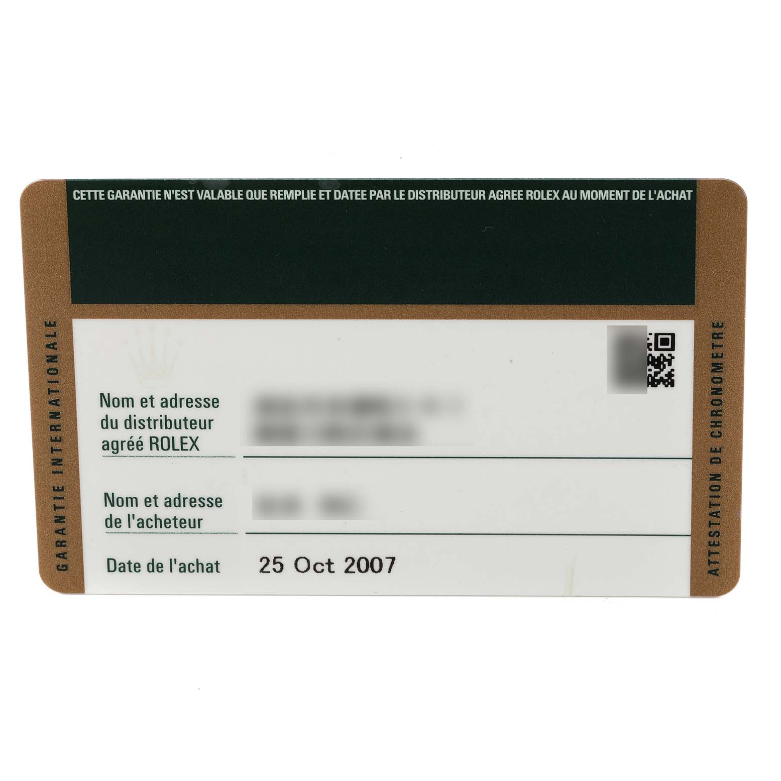 The image shows the warranty card for a Rolex President 118235 Men's Rose Gold Pink Dial 118235 Men's Rose Gold Pink Dial model watch, featuring purchase details and date.