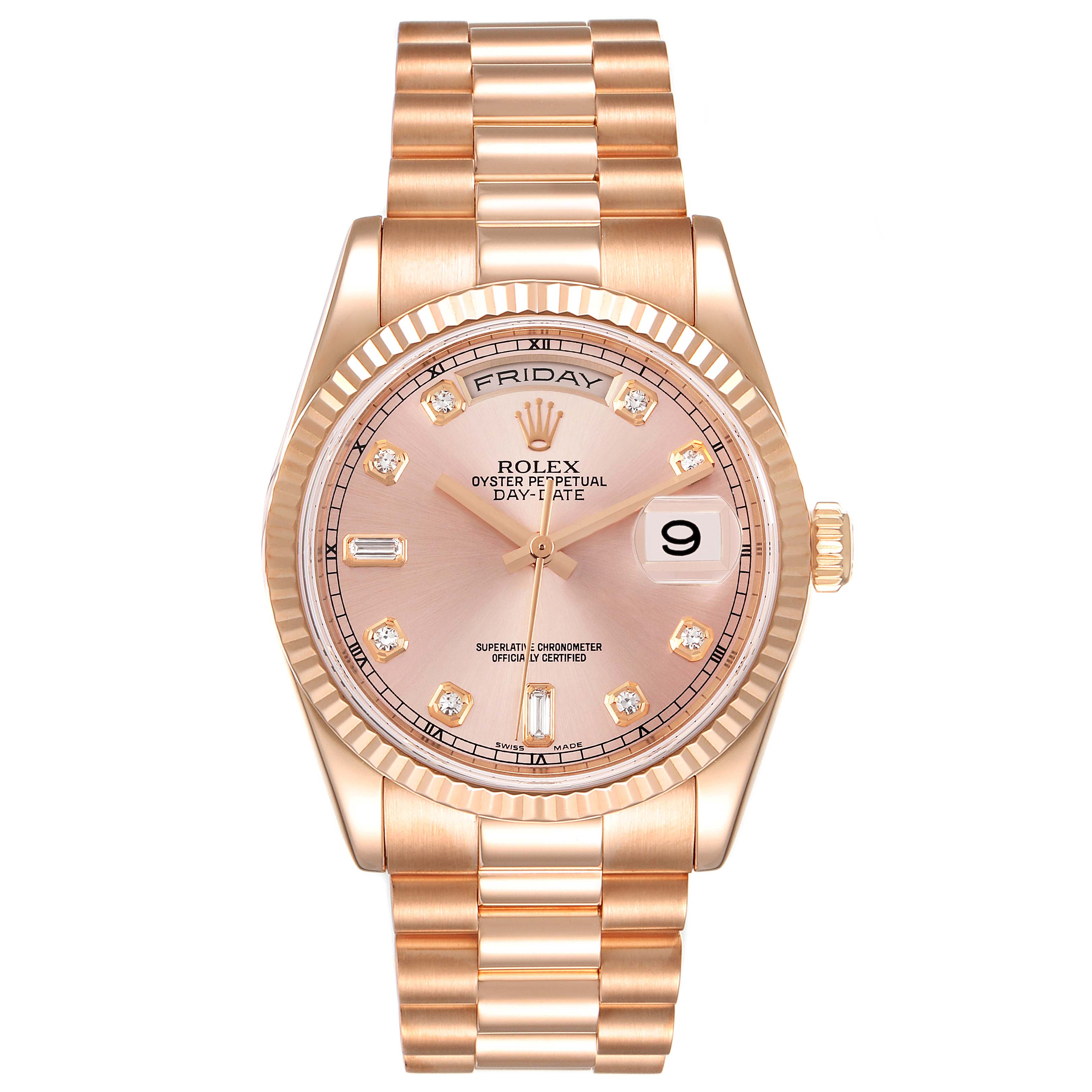 The Rolex President 118235 Men's Rose Gold Pink Dial 118235 Men's Rose Gold Pink Dial model watch is shown from the front, displaying its face, bracelet, and gold-toned case.