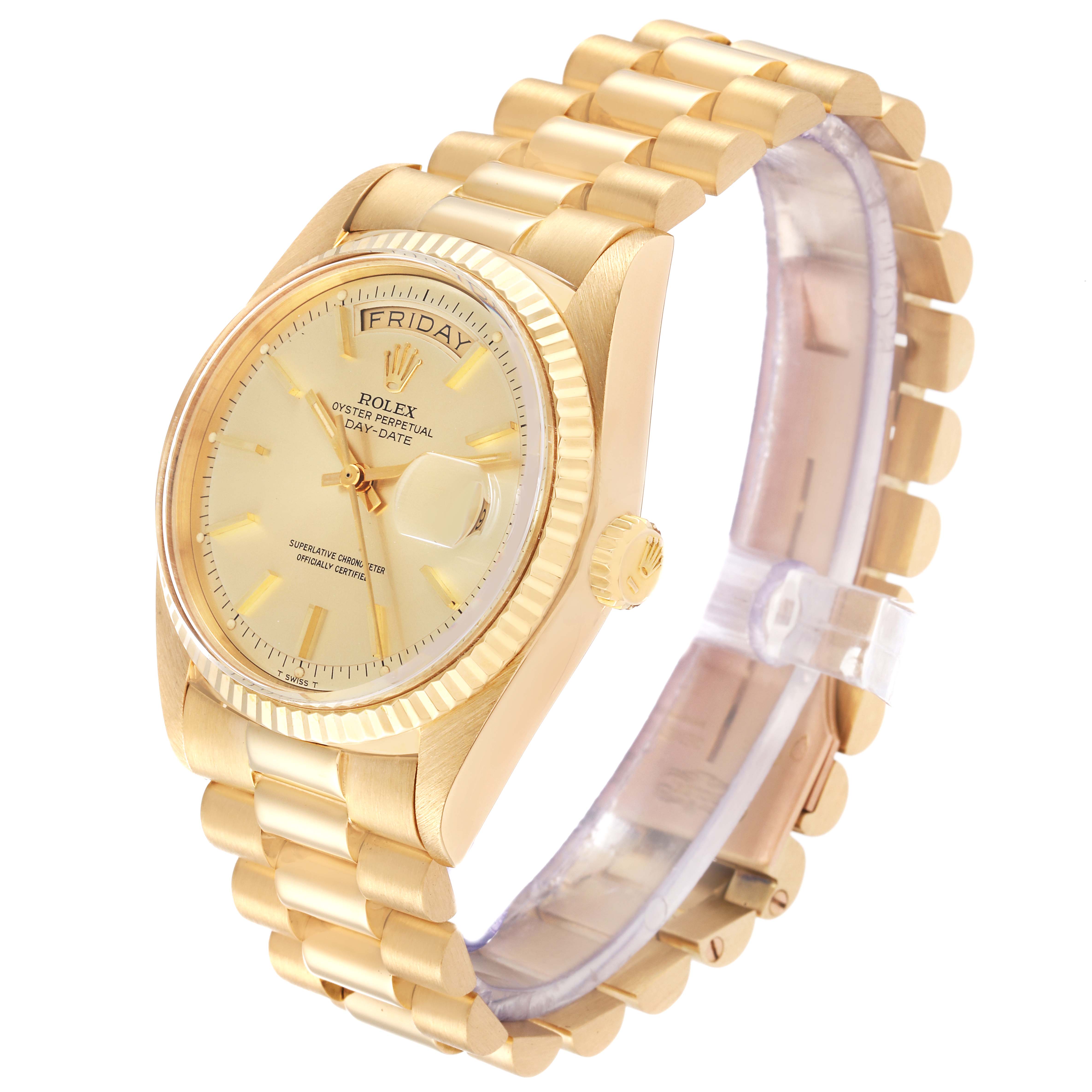 This Rolex Vintage Collection 1803 Men's Yellow Gold Champagne Dial 1803 Men's Yellow Gold Champagne Dial watch is shown from a 3/4 angle, displaying the dial, bracelet, case, and crown.