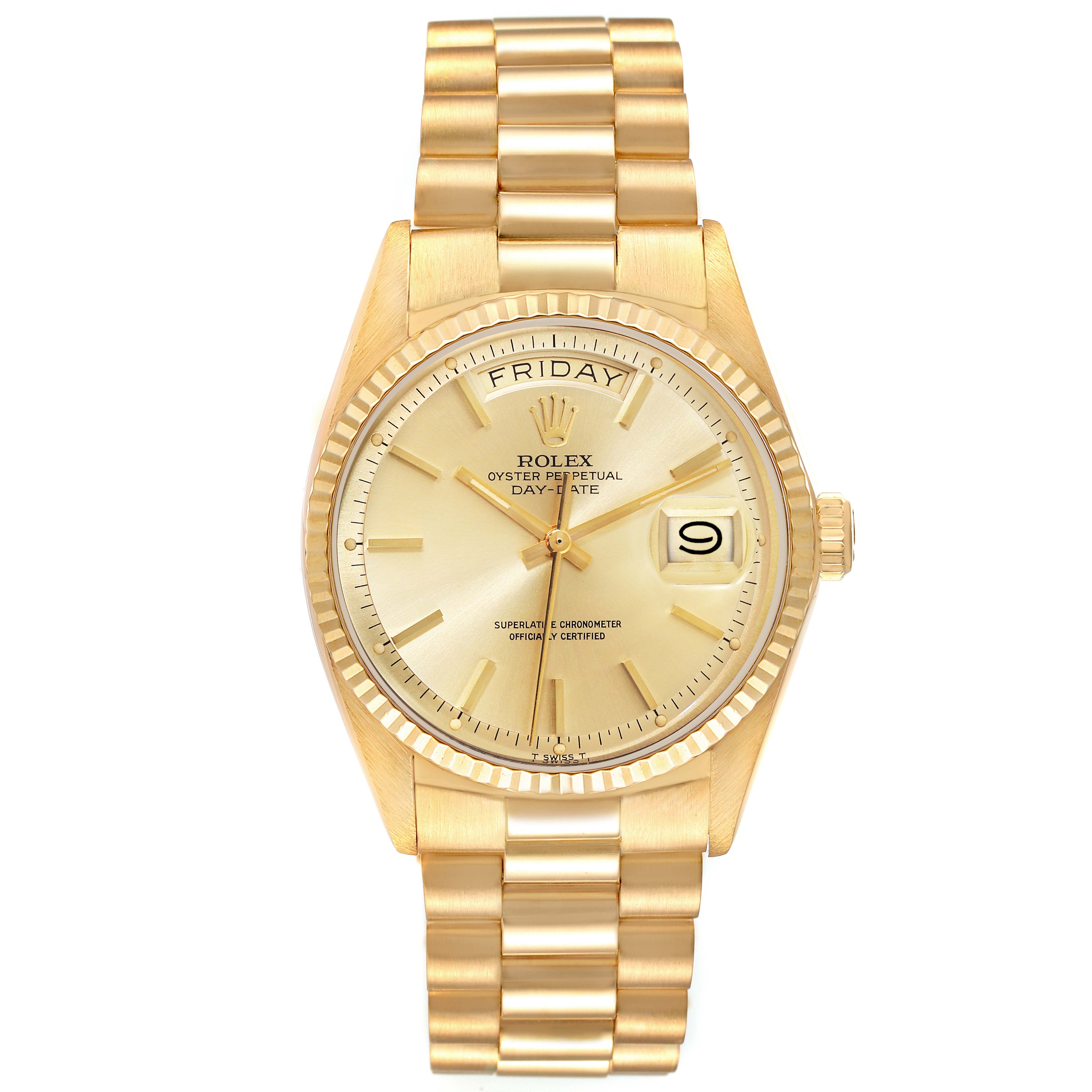 The image shows a front view of a Rolex Vintage Collection 1803 Men's Yellow Gold Champagne Dial 1803 Men's Yellow Gold Champagne Dial watch with a gold bracelet, day-date display, and fluted bezel.