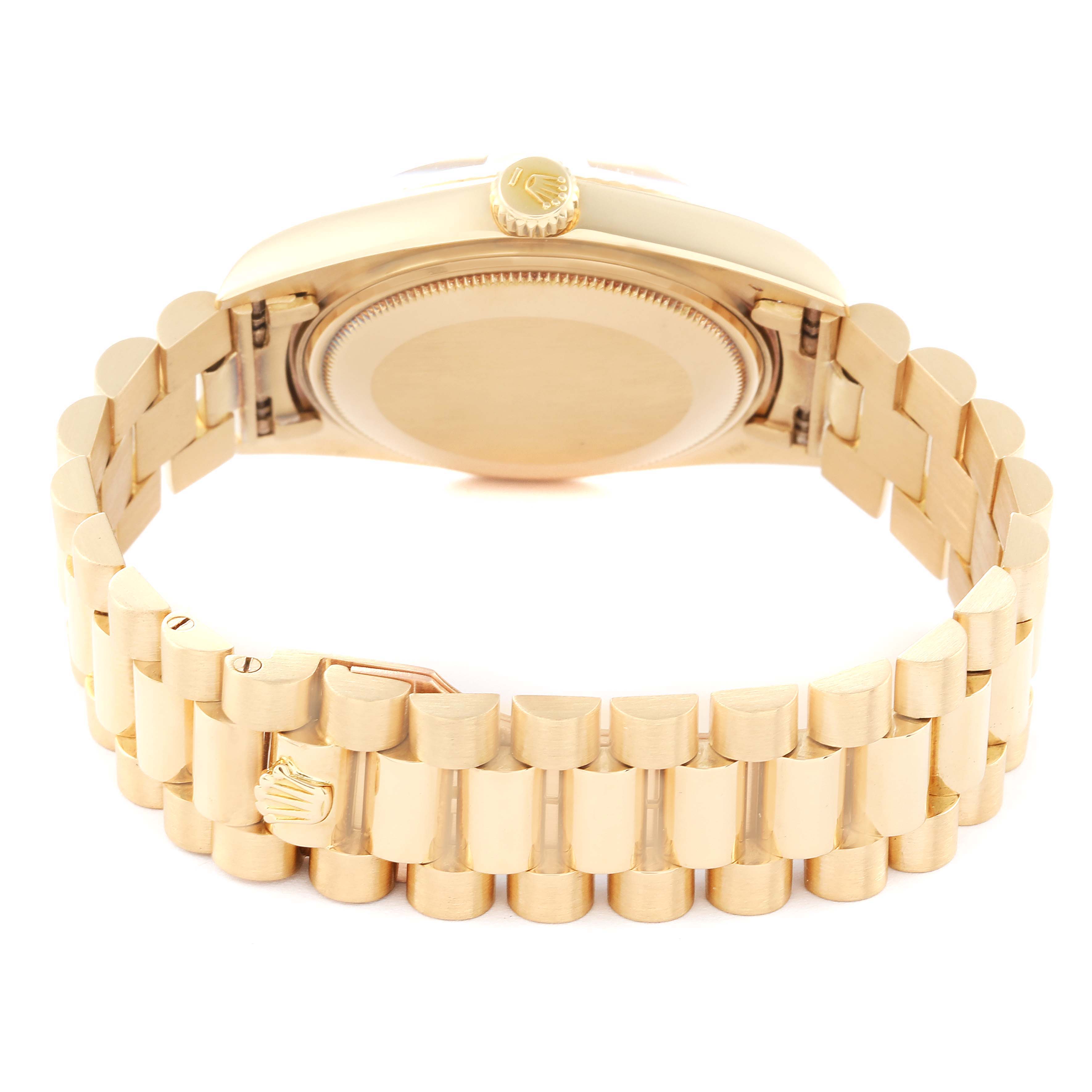 The image shows the underside of the Rolex Vintage Collection 1803 Men's Yellow Gold Champagne Dial 1803 Men's Yellow Gold Champagne Dial watch, focusing on the case back, bracelet, and clasp.