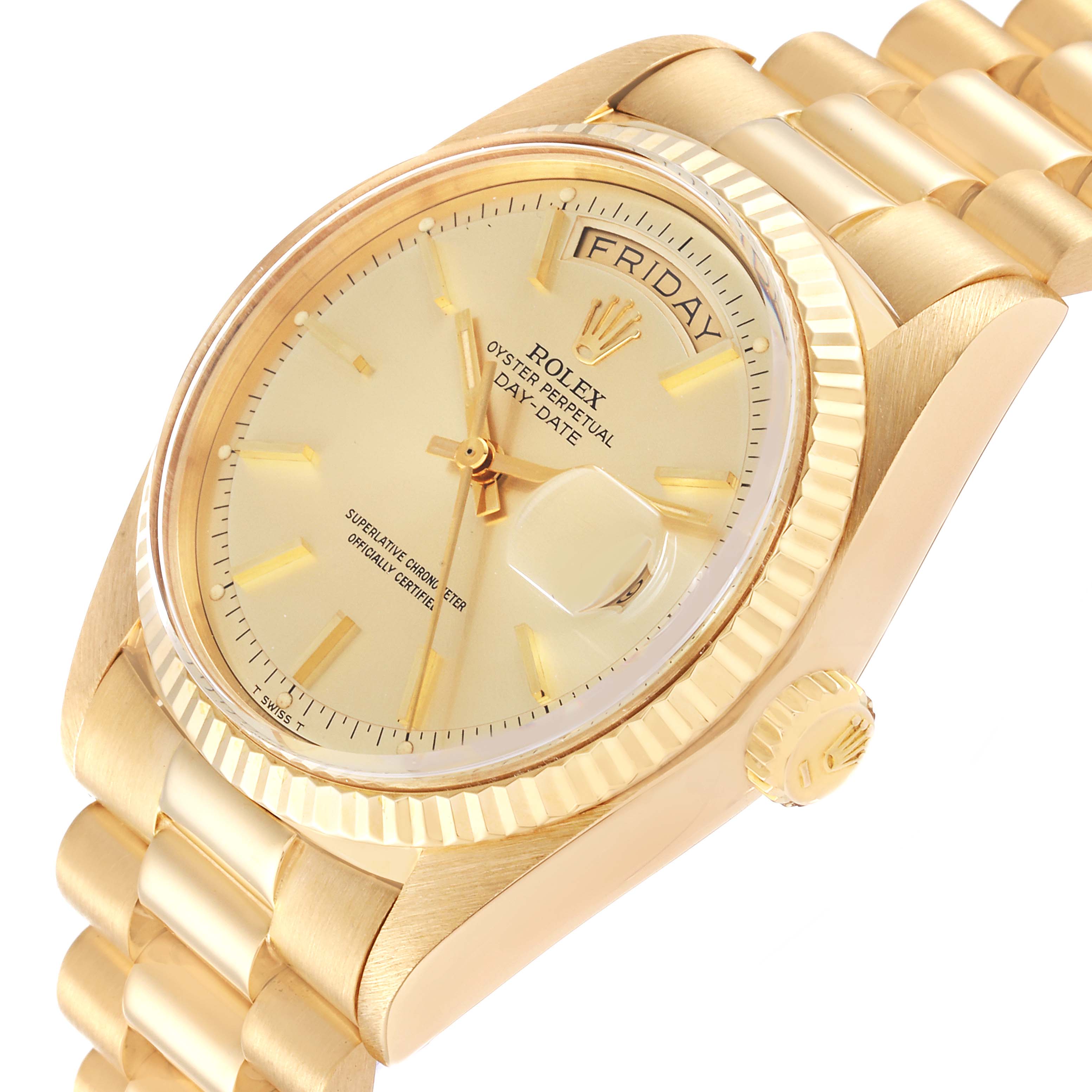This image shows a side-angle view of the Rolex Vintage Collection 1803 Men's Yellow Gold Champagne Dial 1803 Men's Yellow Gold Champagne Dial watch, highlighting its dial, bezel, crown, and part of the bracelet.