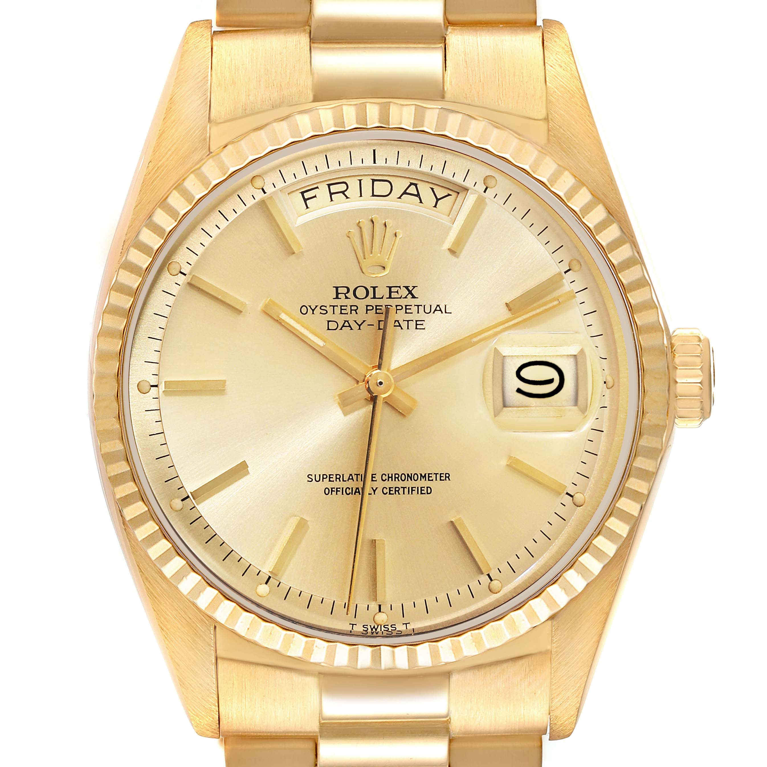 The image shows a front view of a Rolex Oyster Perpetual Day-Date Vintage Collection watch, highlighting the dial, bezel, and part of the bracelet.