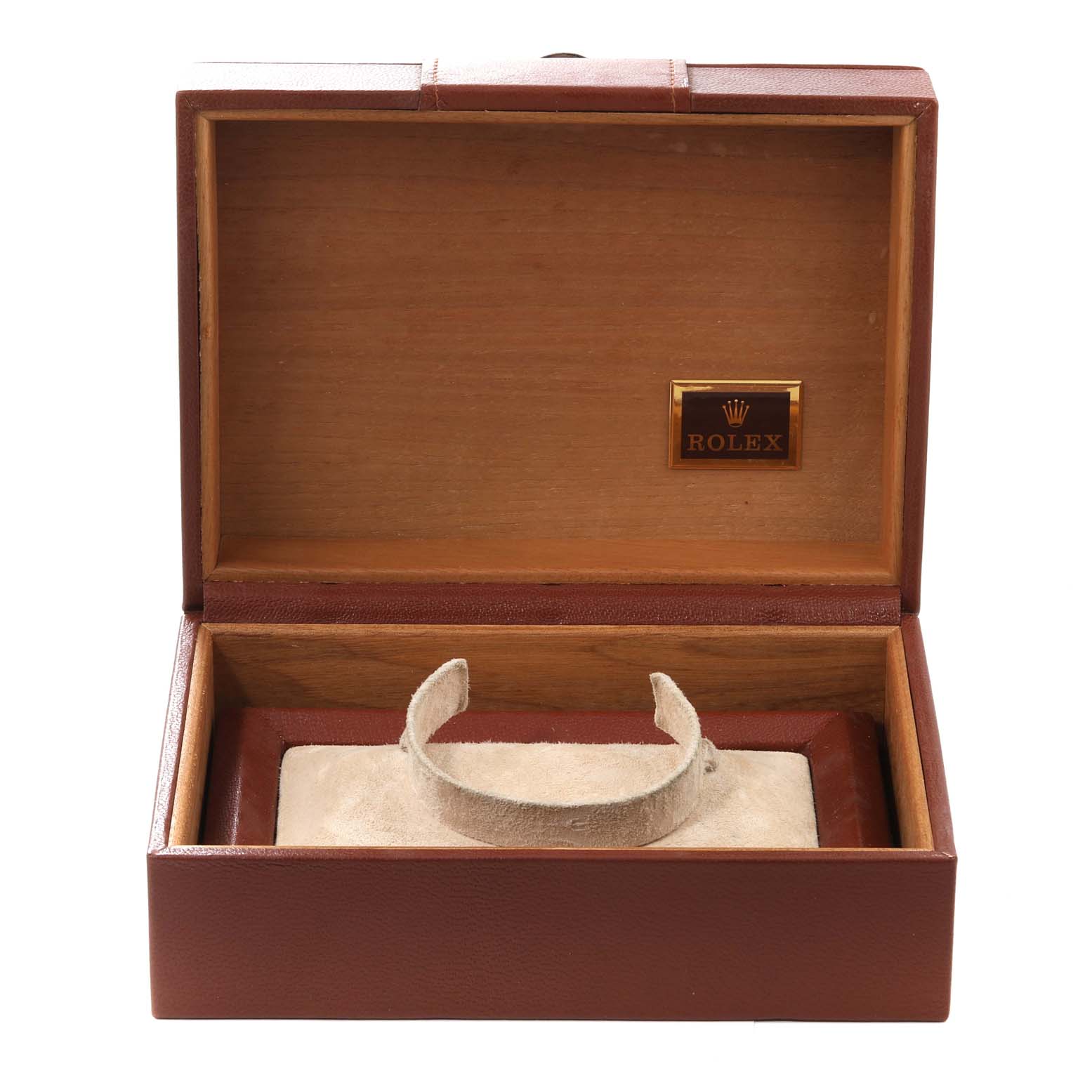 The image shows an empty wooden Rolex box for the Vintage Collection model with a watch holder inside.