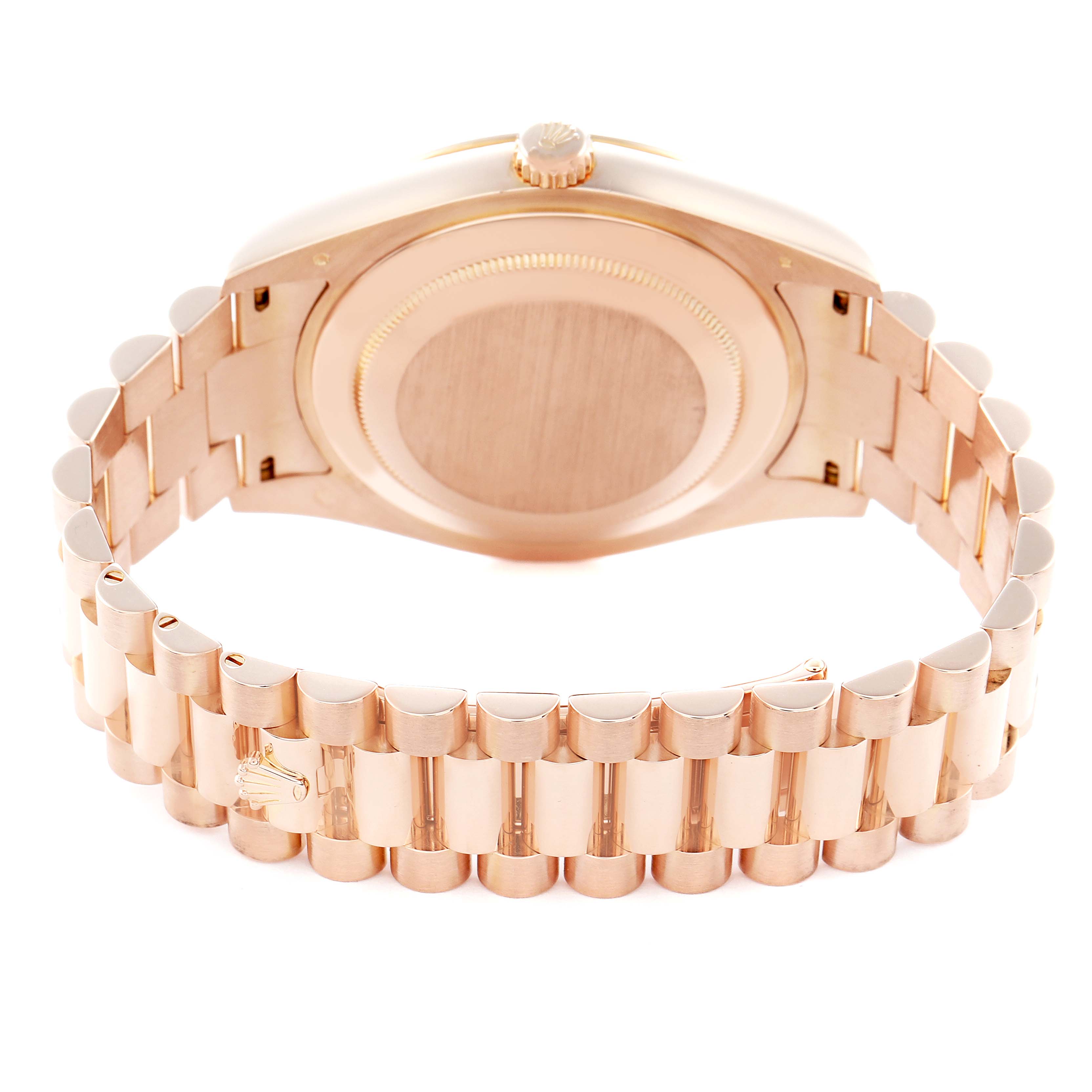 The image shows the back and bracelet of a Rolex President model 218235 men
s watch, highlighting the clasp and case back from a rear angle.