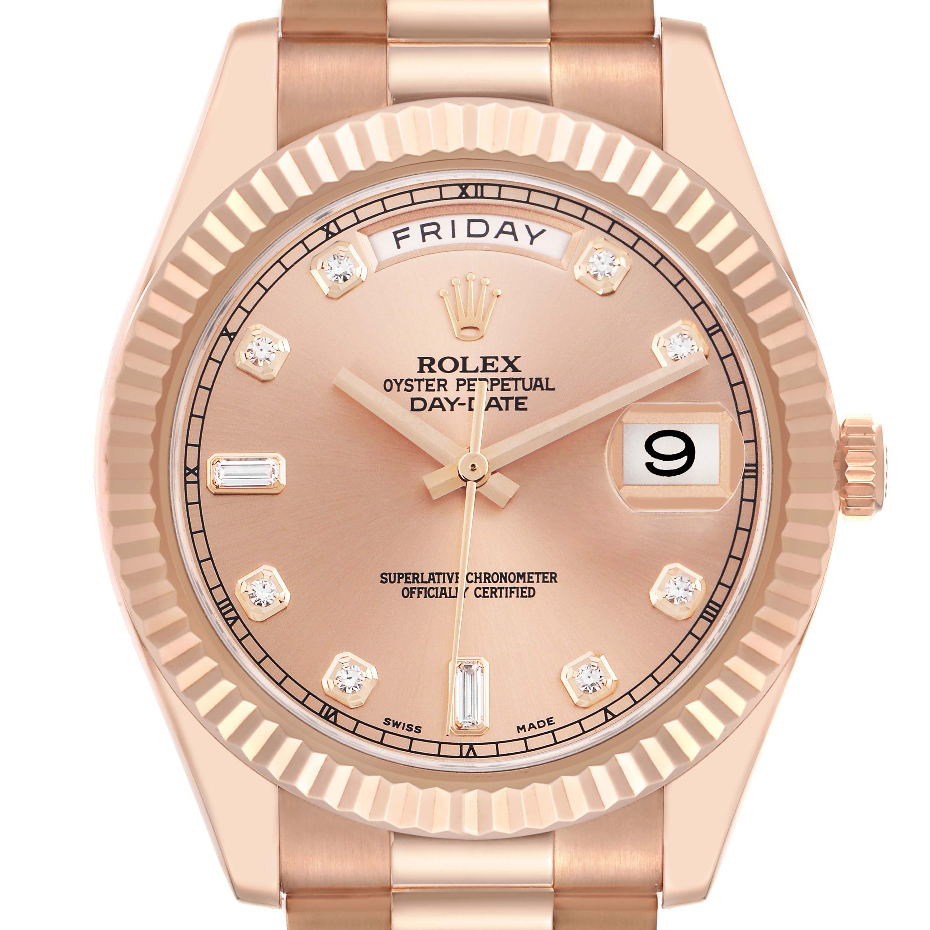 The image shows a frontal close-up of the Rolex President model Day-Date watch, model number 218235, highlighting the dial, bezel, and part of the bracelet.