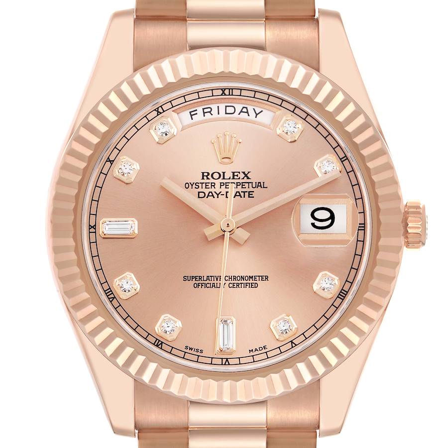 The image shows a frontal close-up of the Rolex President model Day-Date watch, model number 218235, highlighting the dial, bezel, and part of the bracelet.