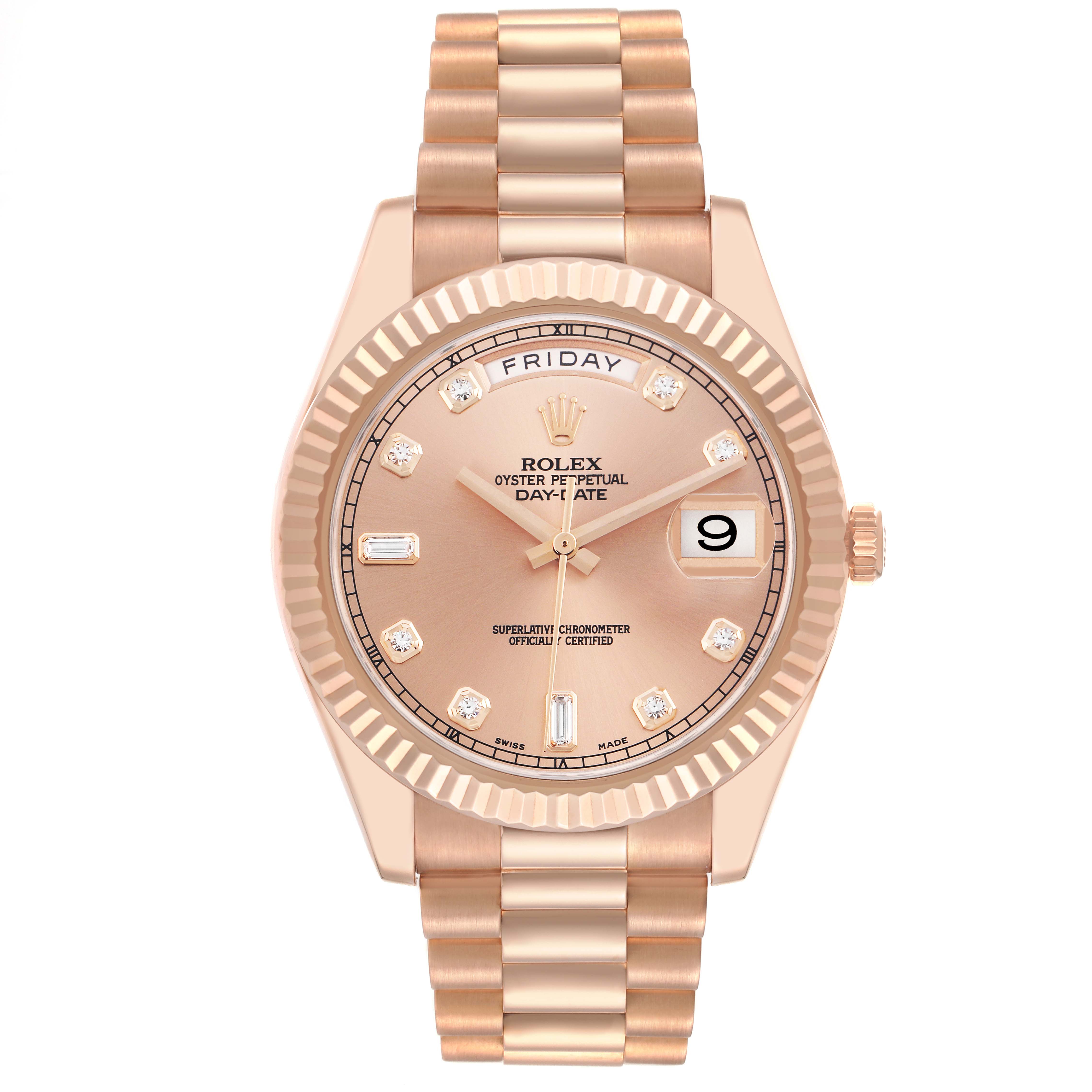 The Rolex President model 218235 watch is shown from a front angle, displaying the face, dial, bezel, and bracelet prominently.