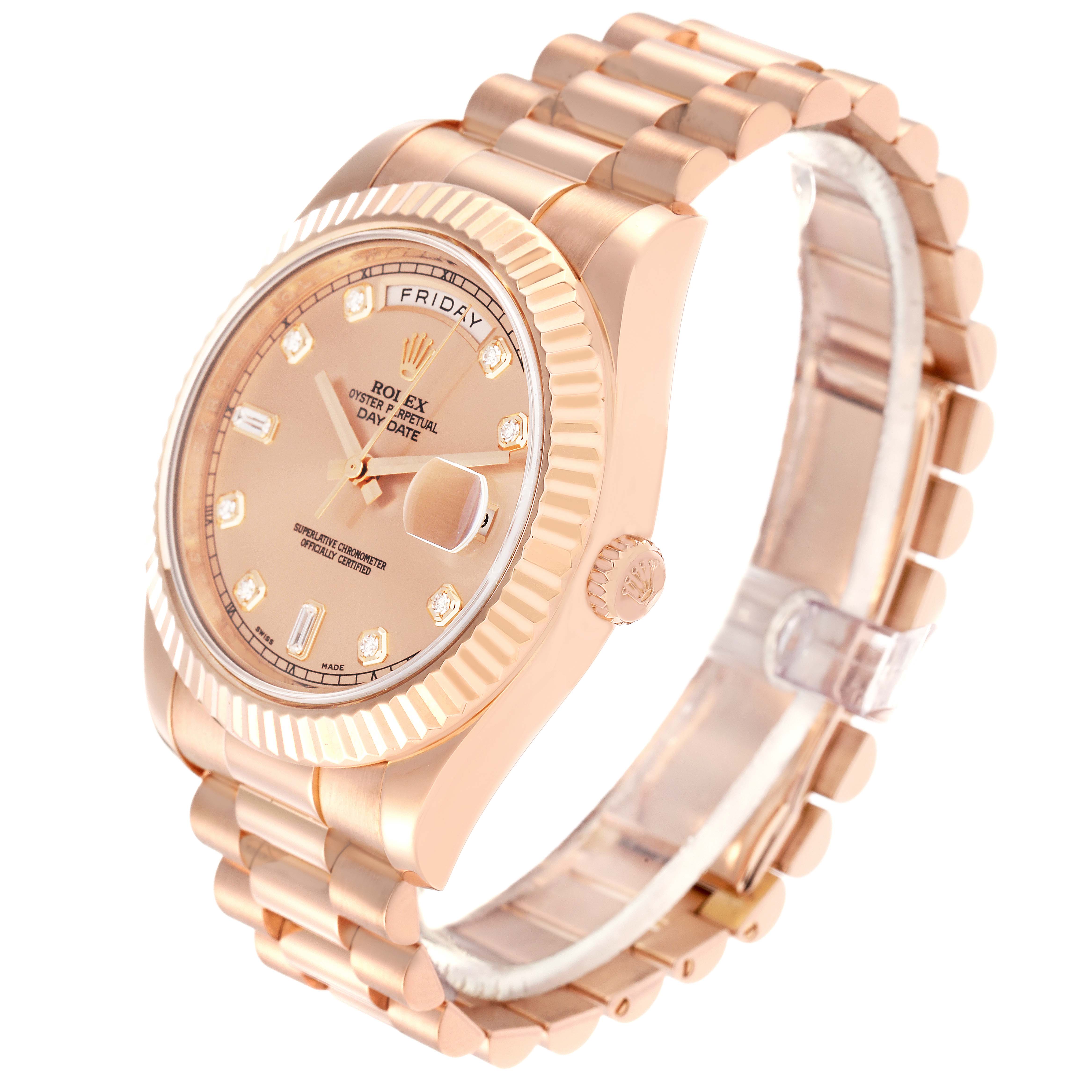 The Rolex President model 218235 men
s watch is shown at an angled view displaying the face, bezel, crown, and part of the bracelet.