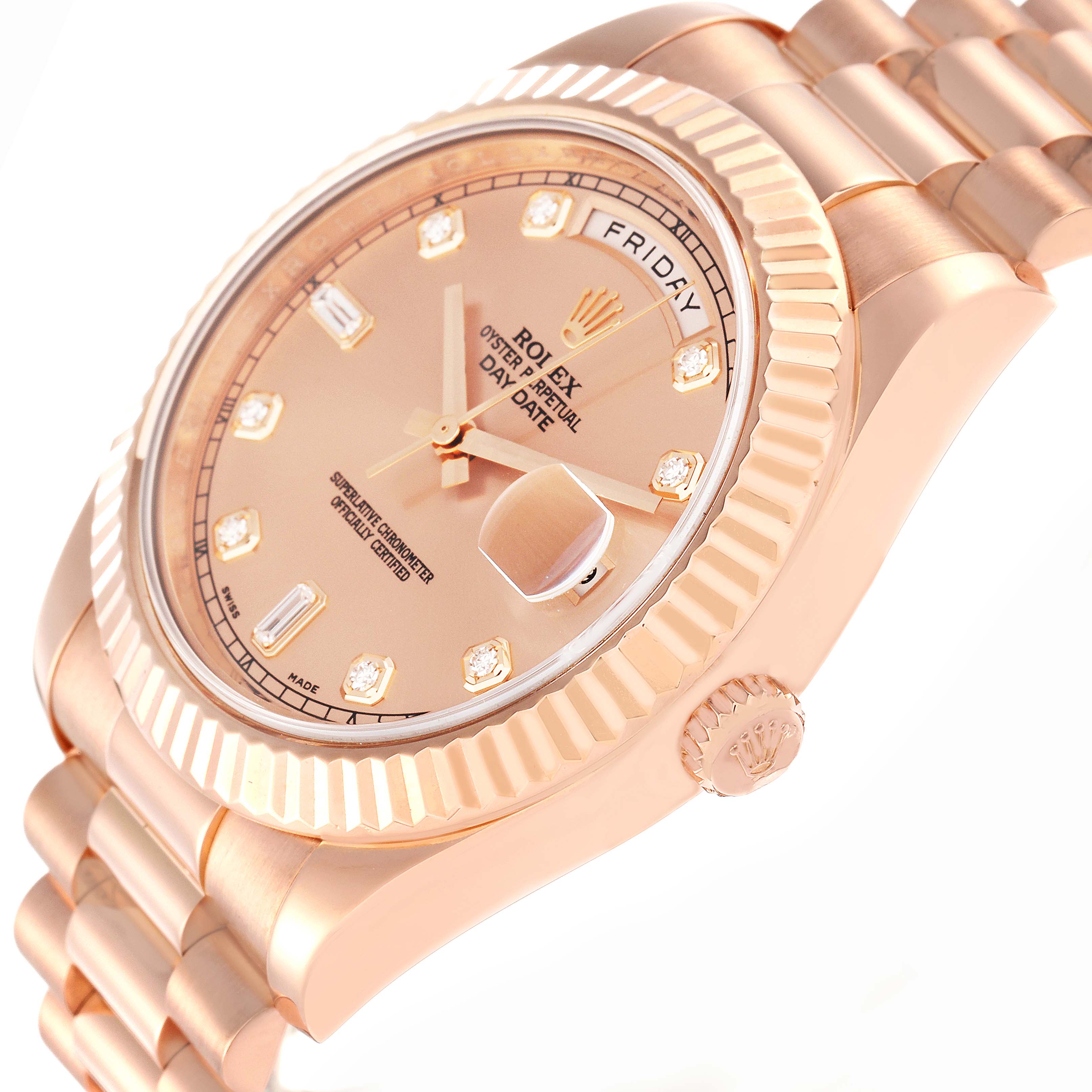 The image shows a side angle of the Rolex President model 218235 men
s watch, highlighting the rose gold case, fluted bezel, day-date display, crown, and bracelet.