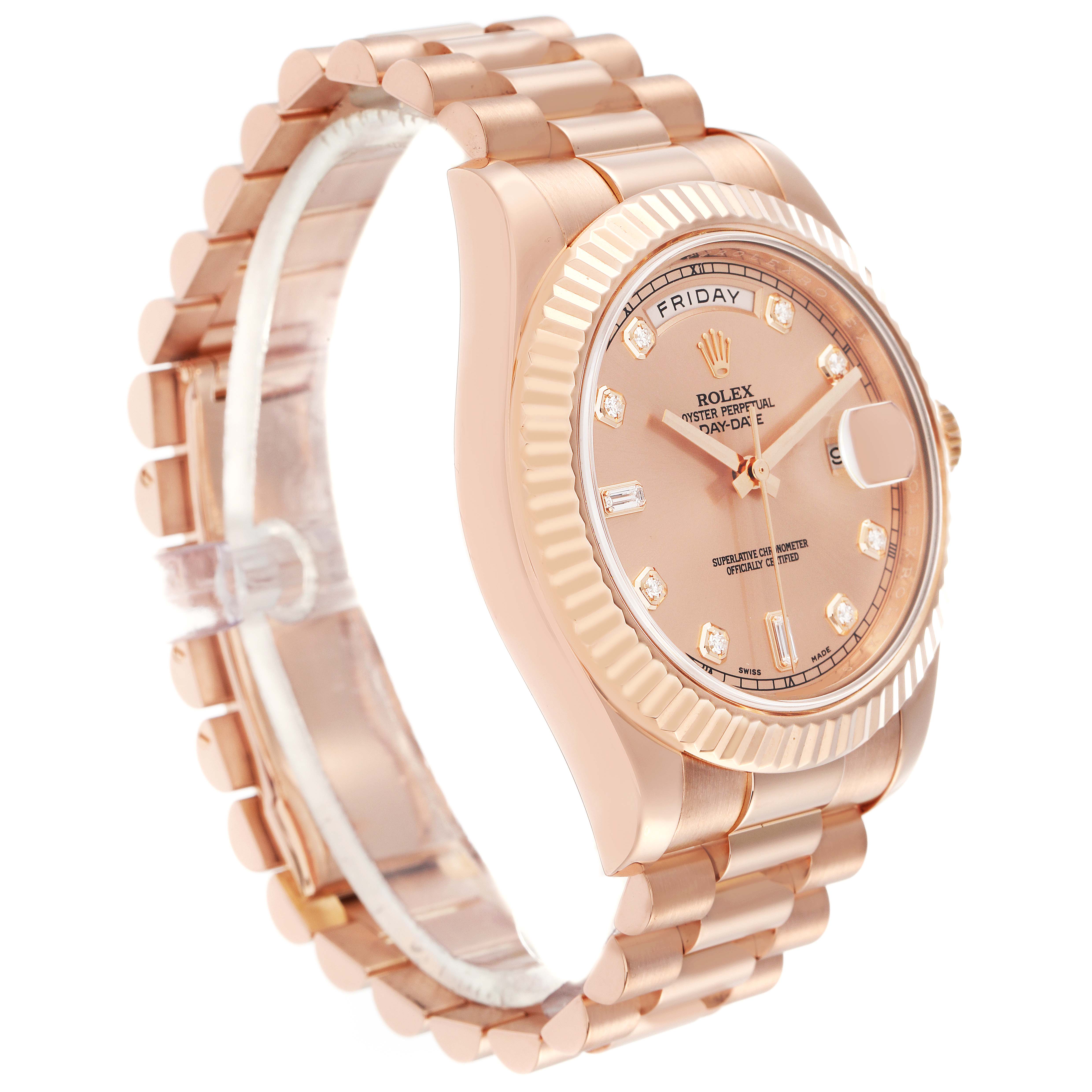 The image shows a Rolex President model 218235 men
s watch from an angled side view, highlighting the bracelet, case, bezel, and watch face.