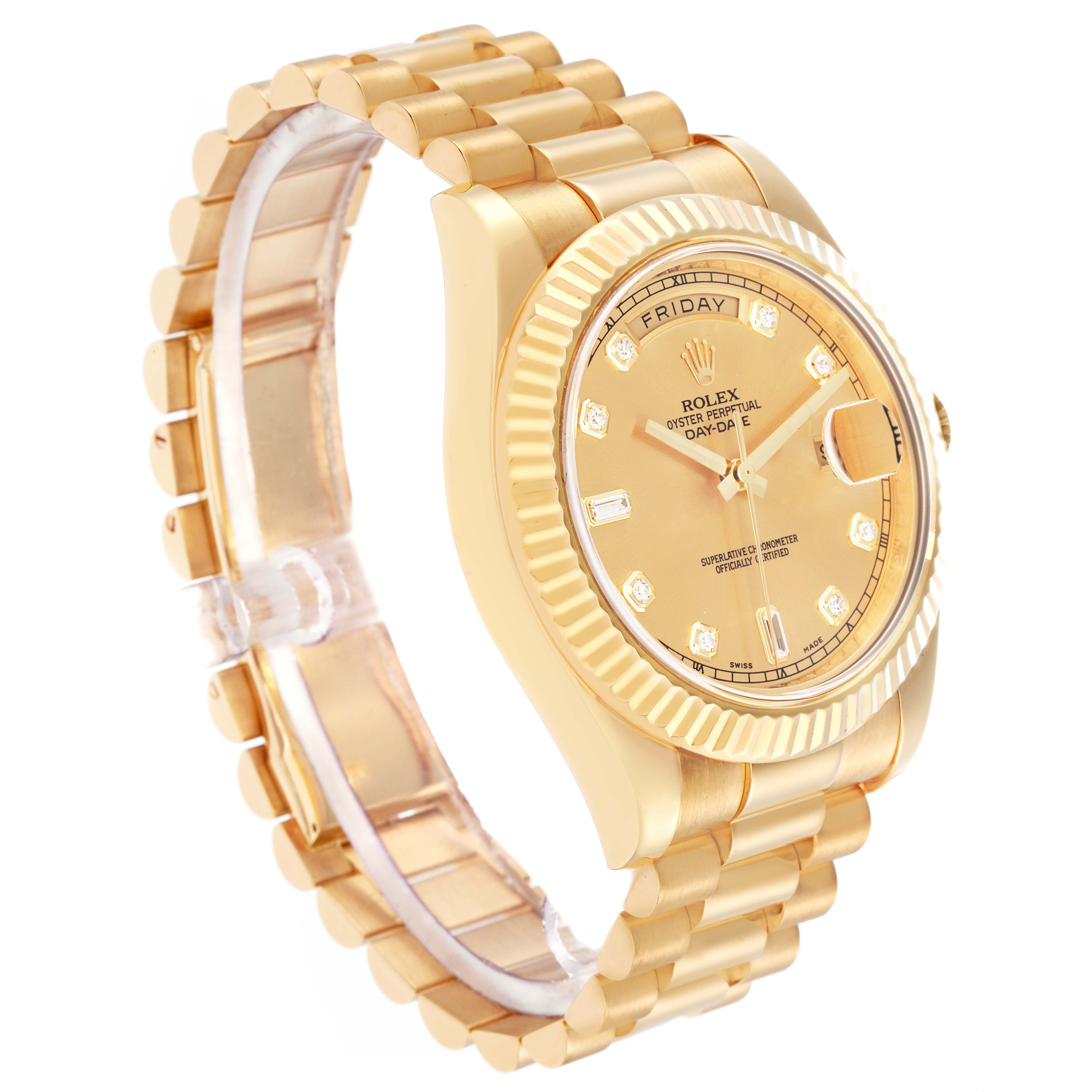 The Rolex President model 218238 is shown at an angled side view, displaying the watch face, bezel, and part of the bracelet.