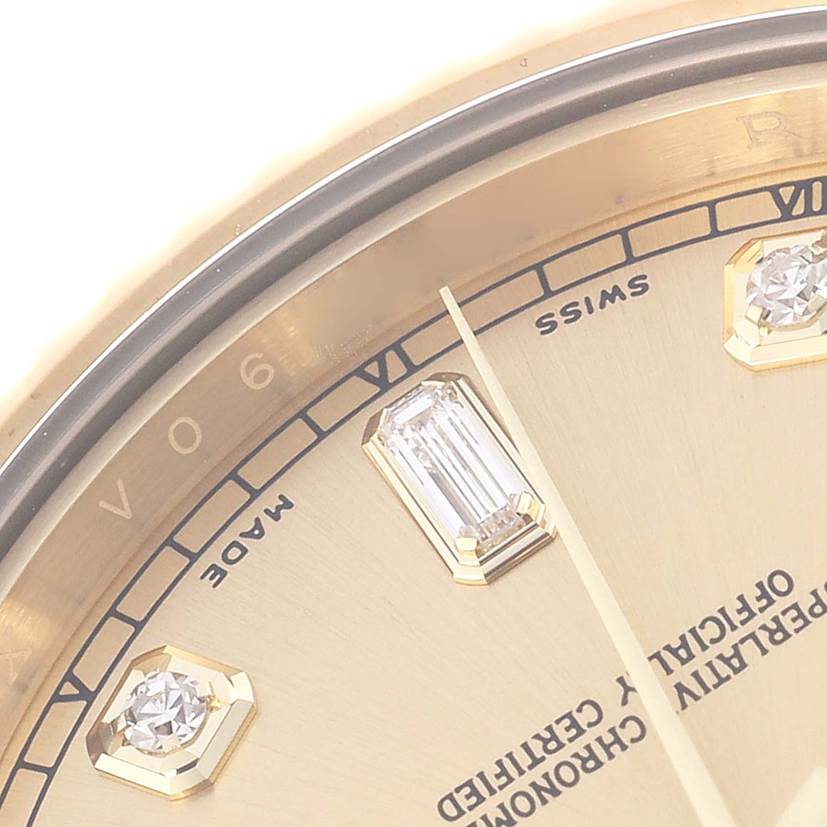 The image shows a close-up of the Rolex President model 218238 watch dial, featuring baguette and round diamond markers and partial text detailing.