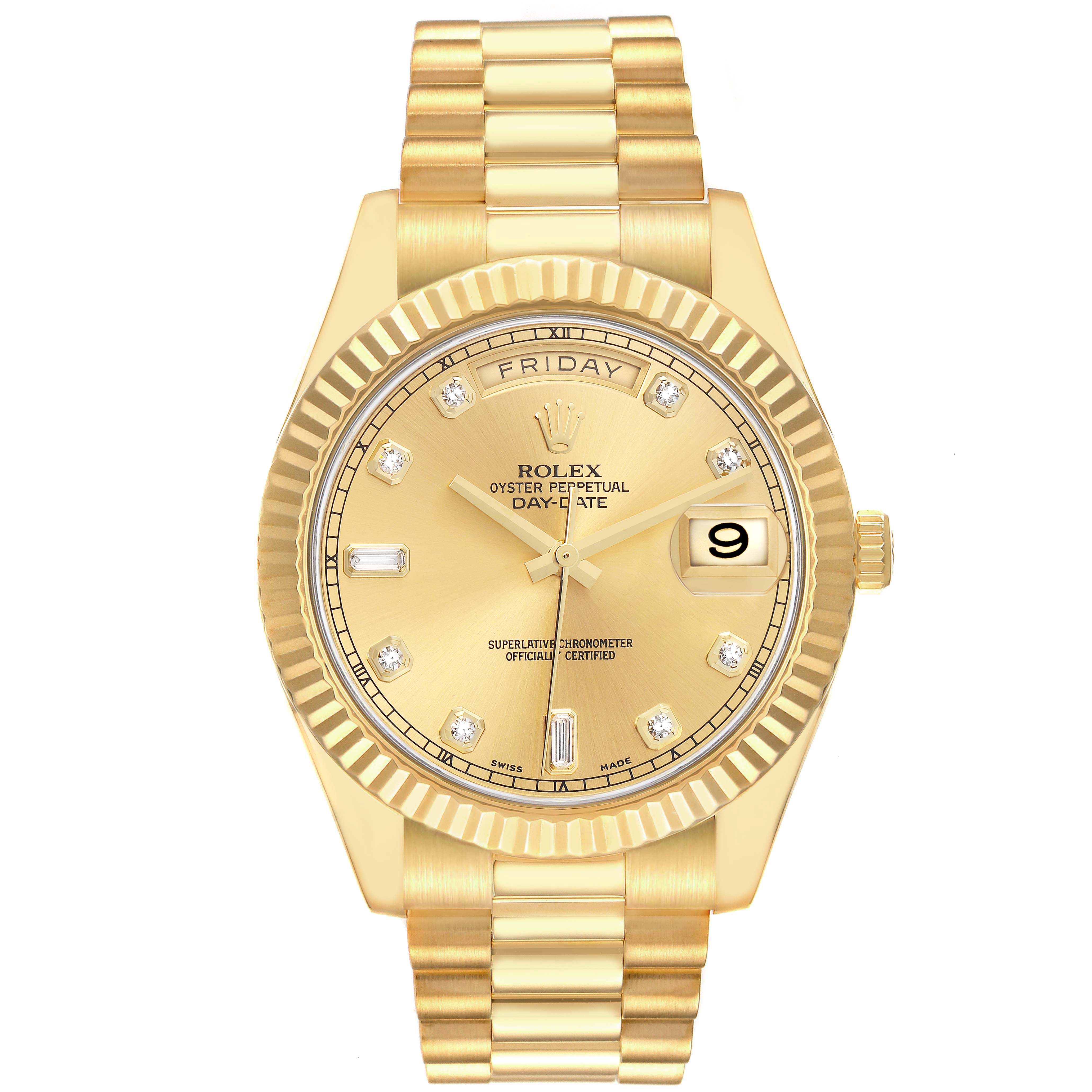 The image shows a Rolex President model 218238 men
s watch from the front, featuring its gold fluted bezel, bracelet, and diamond hour markers.