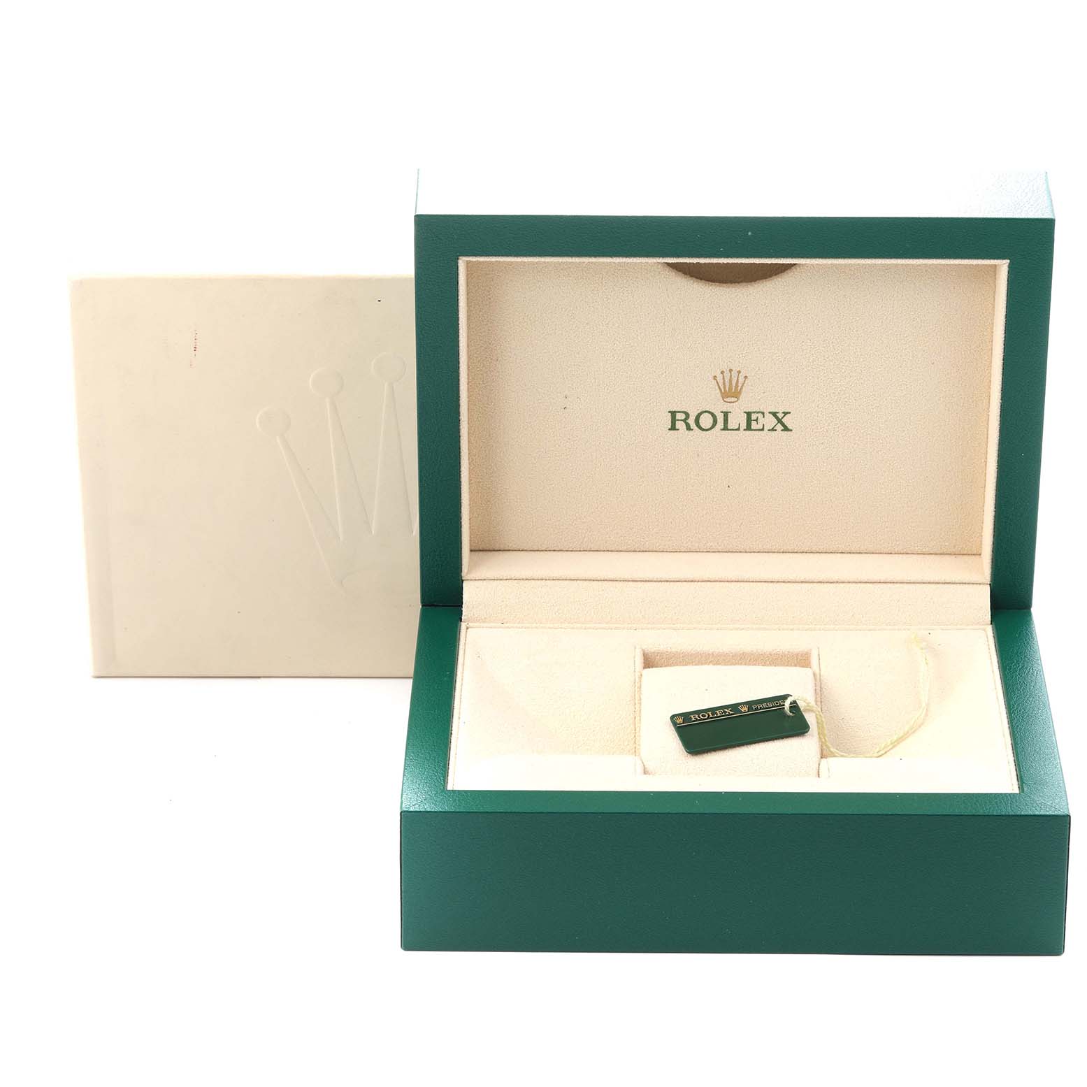 The image shows an open Rolex watch box for a President model, model number 218238, with an accompanying card inside.