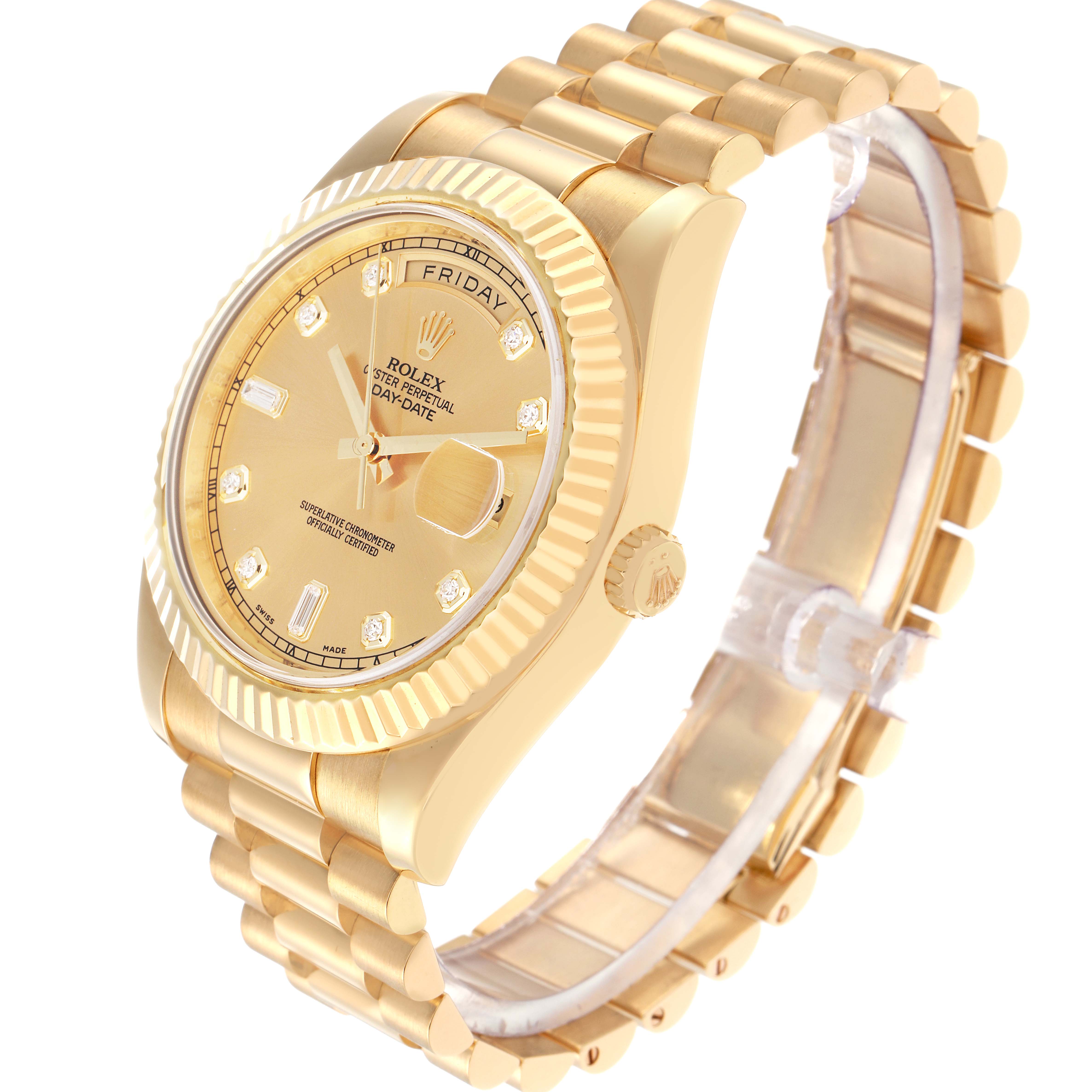 The image shows a Rolex President model 218238 men
s watch at a three-quarter angle, highlighting its gold case, bracelet, fluted bezel, and diamond hour markers.
