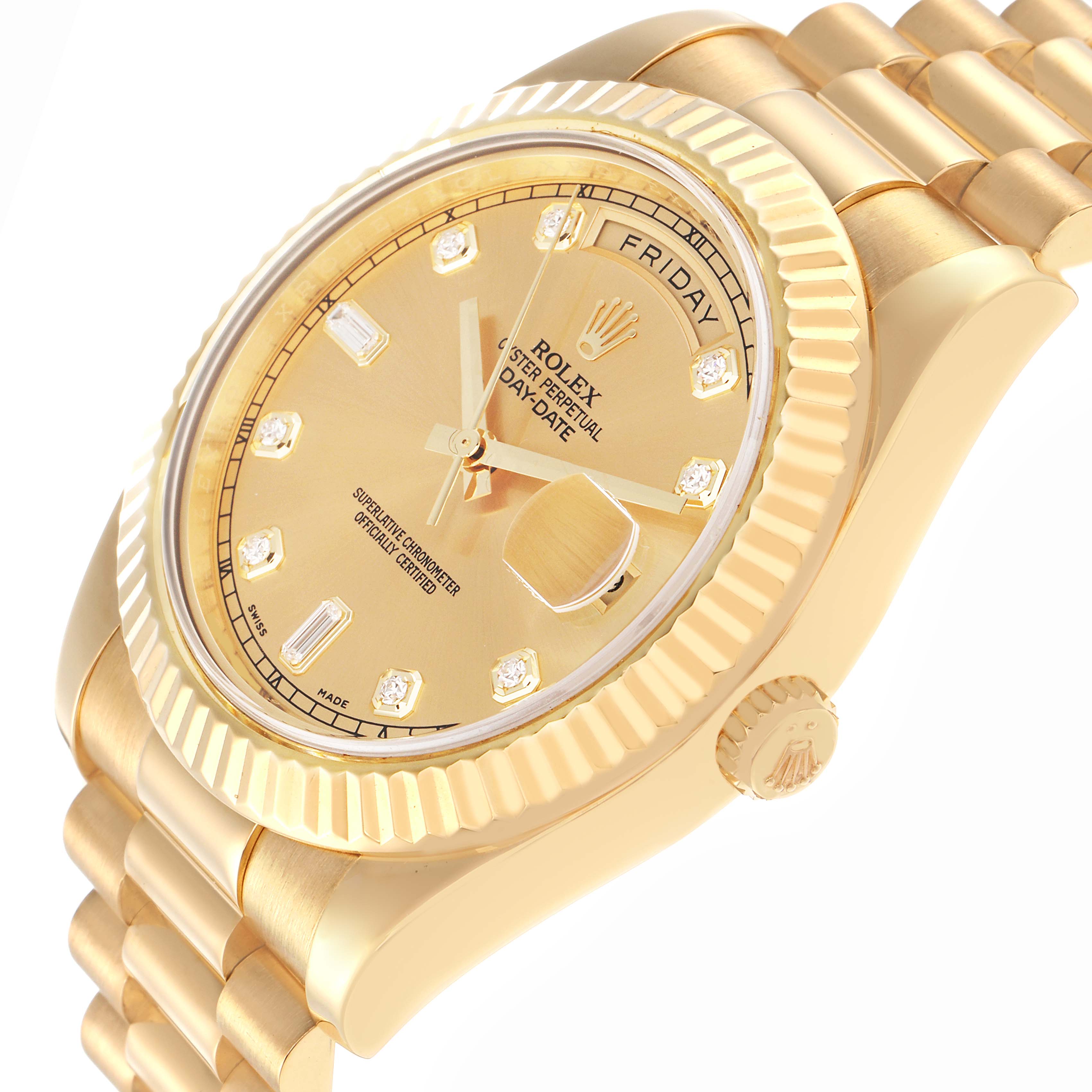 The Rolex President model 218238 men
s watch is shown at an angled view highlighting the dial, bezel, bracelet, and crown.