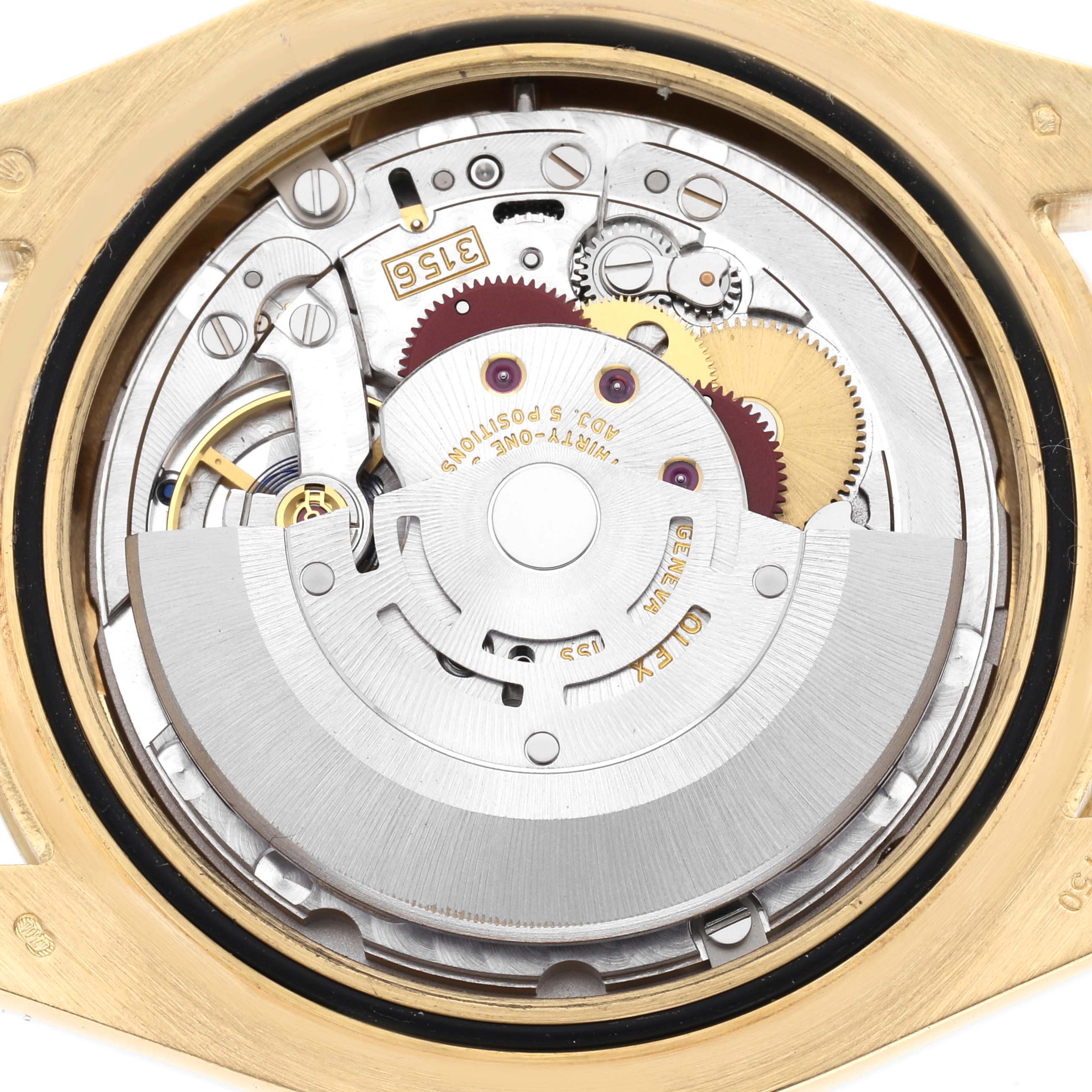 The image shows the movement mechanism of the Rolex President model, model number 218238, from the back, highlighting gears and rotors.