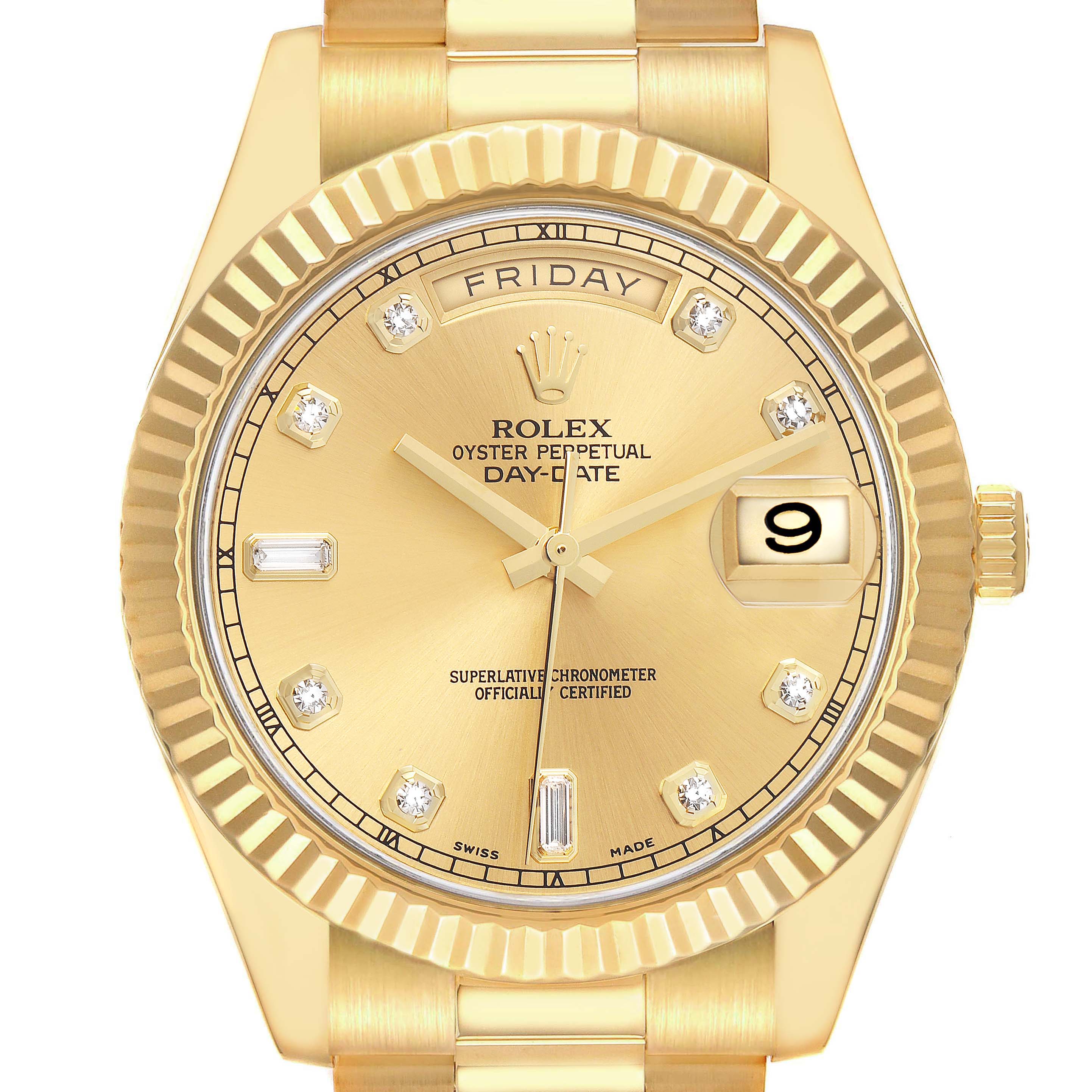 The image shows a frontal view of a Rolex President Day-Date, model number 218238, highlighting the golden dial, diamond hour markers, and fluted bezel.