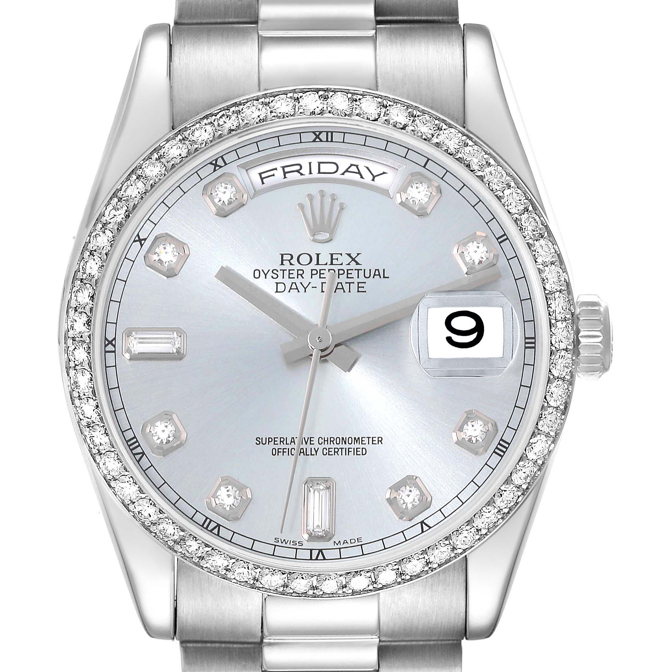 The image shows a Rolex President 118346 Men's White Gold Blue Dial 118346 Men's White Gold Blue Dial model watch face straight on, highlighting the day, date, and diamond hour markers.