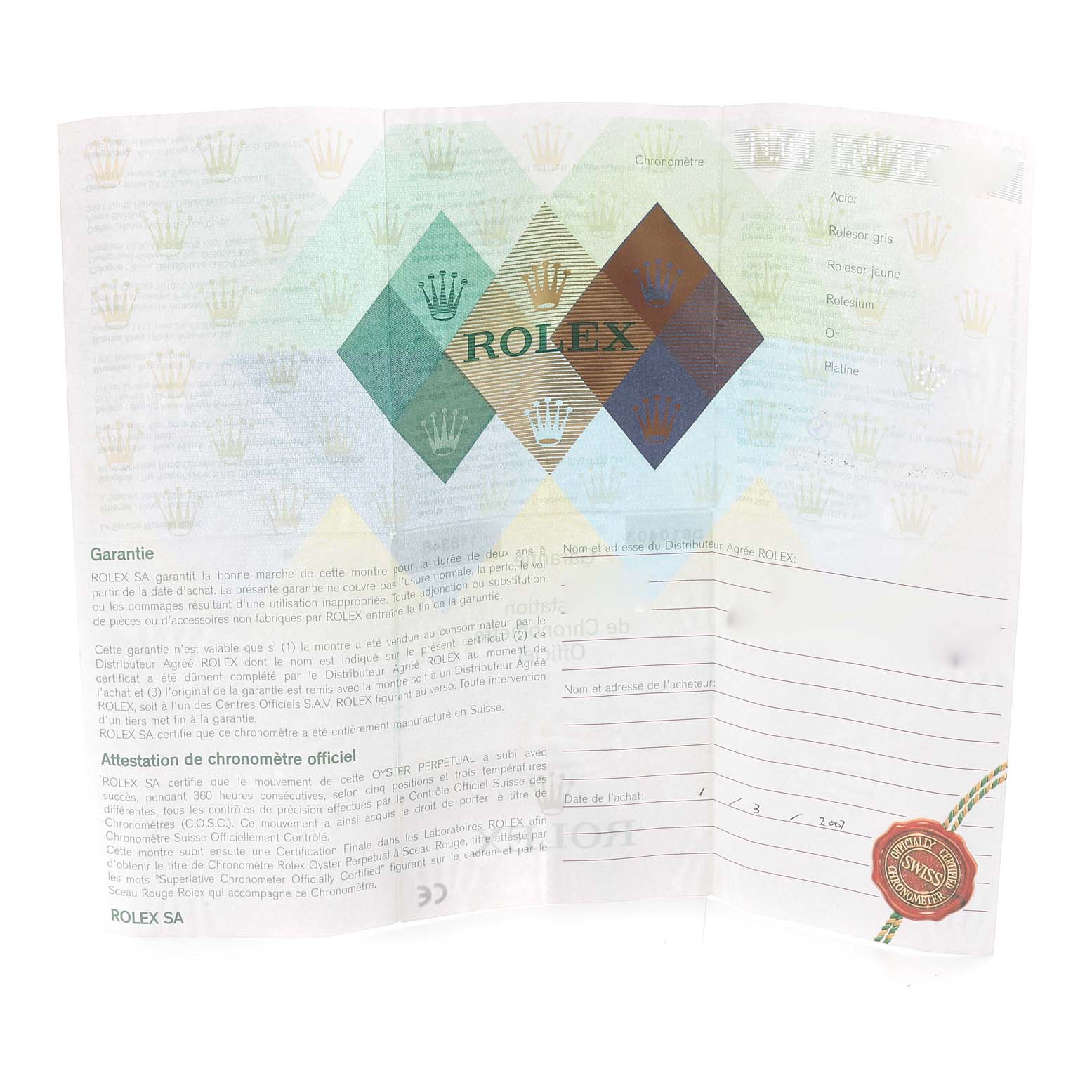 This image shows the warranty certificate and official chronometer attestation for the Rolex President 118346 Men's White Gold Blue Dial 118346 Men's White Gold Blue Dial model watch.