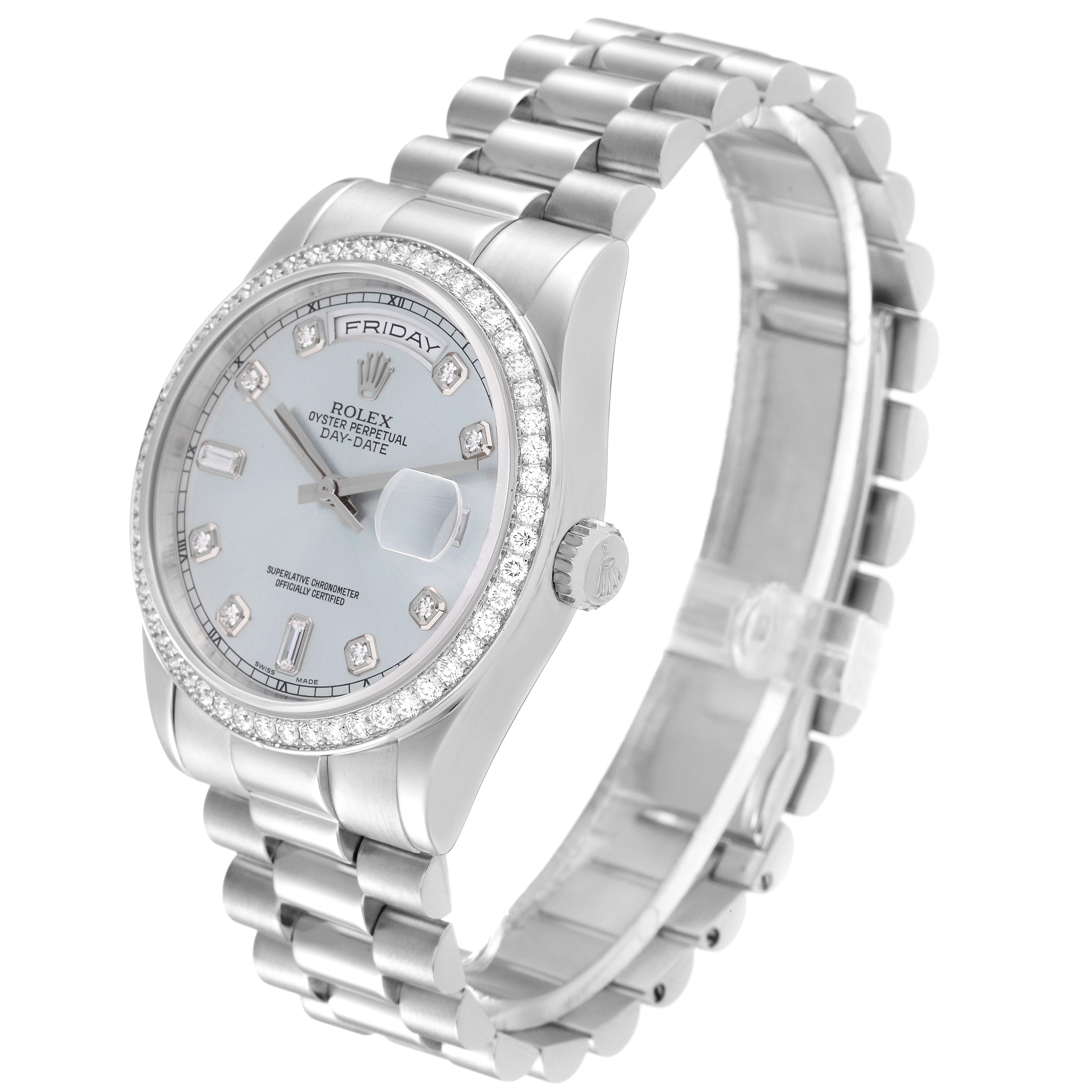 The Rolex President 118346 Men's White Gold Blue Dial 118346 Men's White Gold Blue Dial model watch is shown from a front-side angle, highlighting the face, bezel, case, and bracelet.