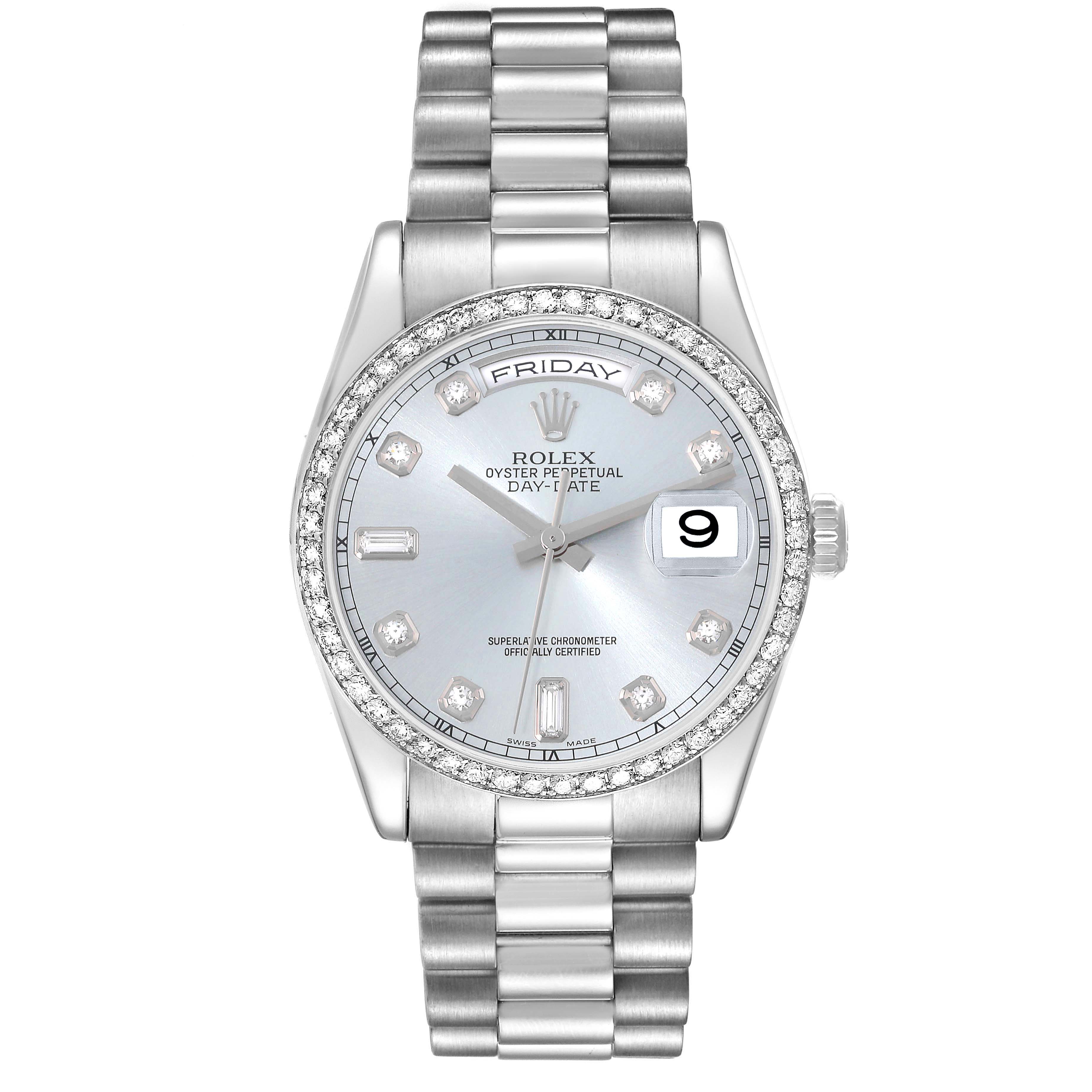 This image shows a front view of the Rolex President 118346 Men's White Gold Blue Dial 118346 Men's White Gold Blue Dial model watch, highlighting the dial, bracelet, bezel, and crown.