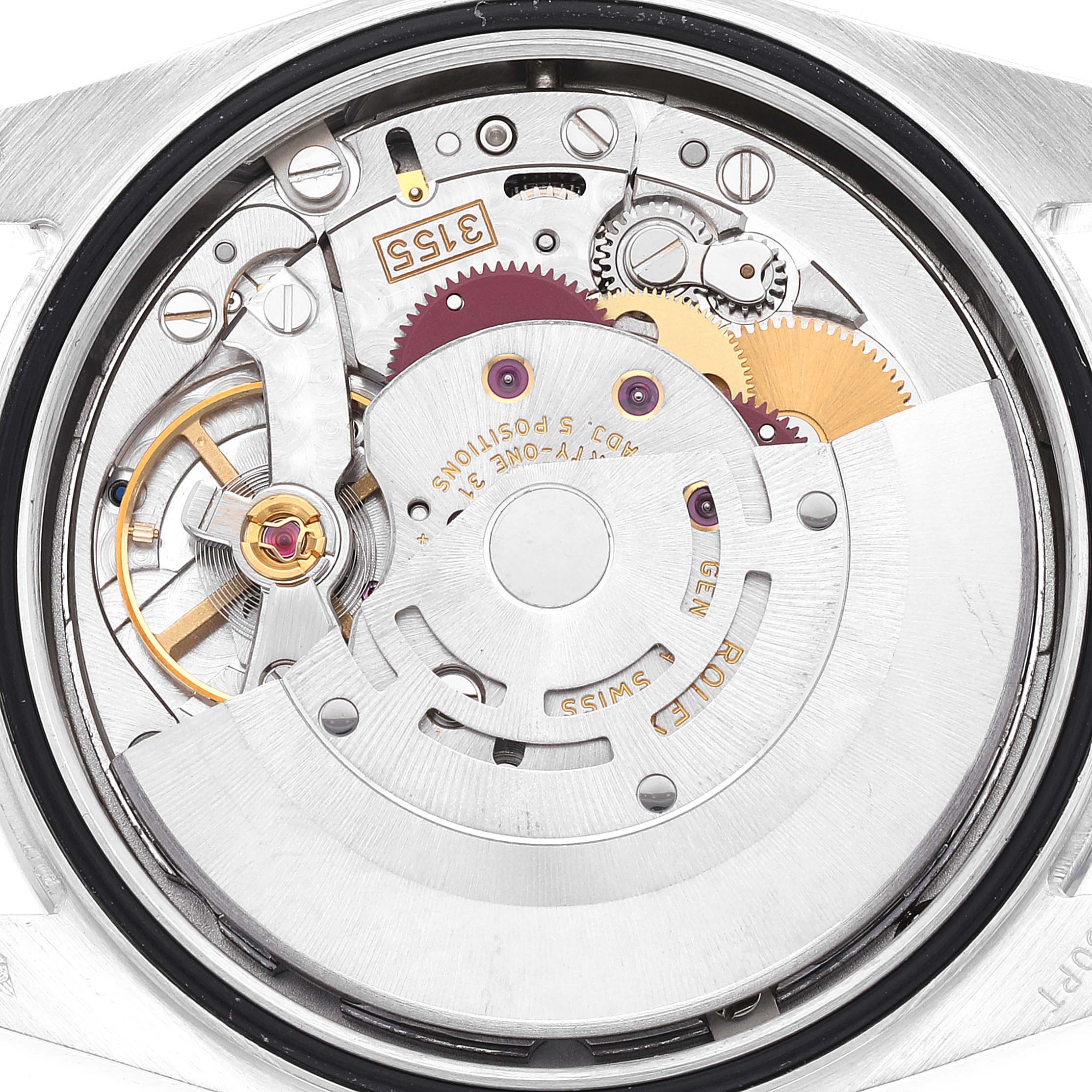 This image shows the inner mechanical movement of a Rolex President 118346 Men's White Gold Blue Dial 118346 Men's White Gold Blue Dial model watch from a top-down angle.