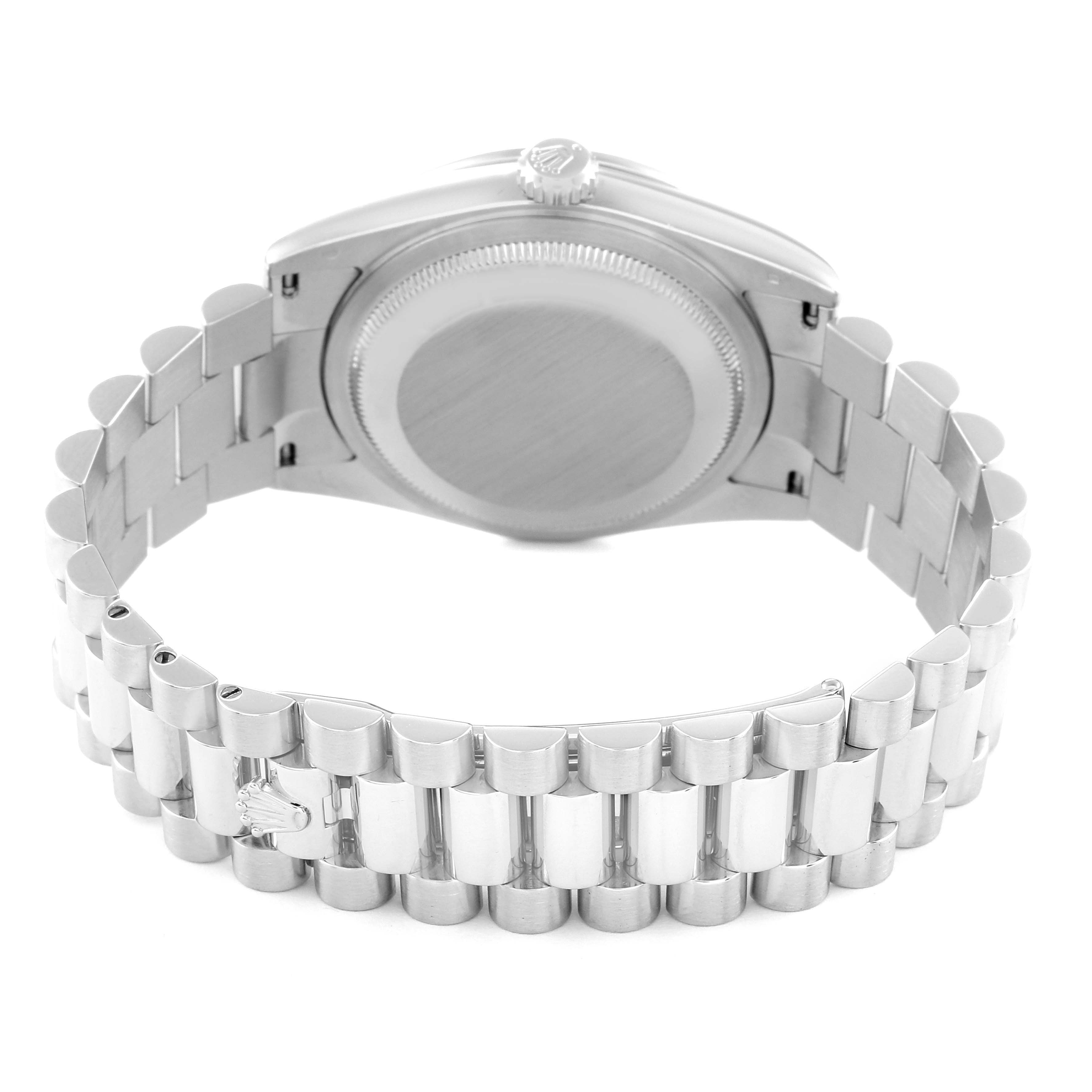 This image shows the back and bracelet of a Rolex President 118346 Men's White Gold Blue Dial 118346 Men's White Gold Blue Dial model watch, highlighting the clasp and links.