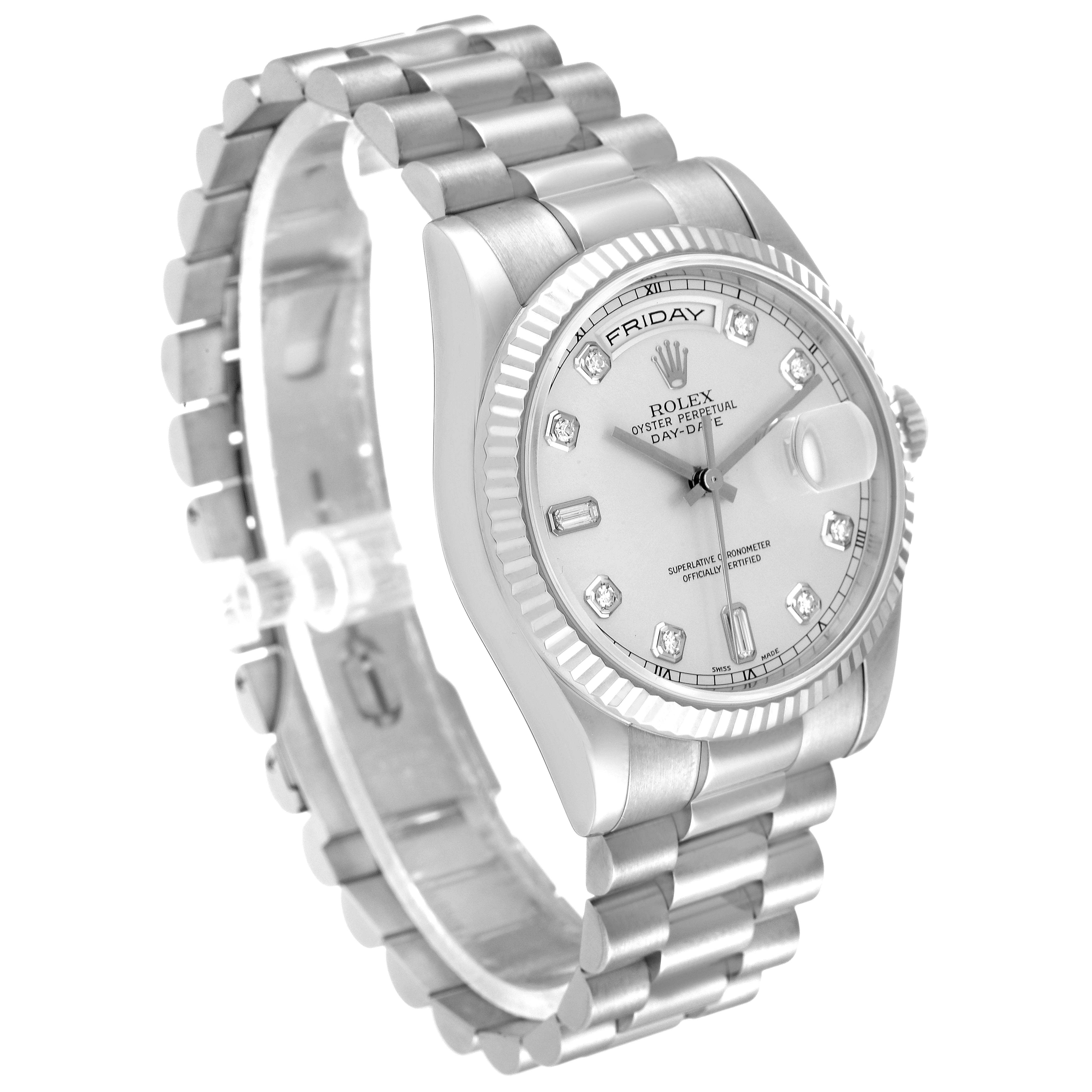 The image shows a side angle of the Rolex President 118239 Men's Stainless Steel Silver Dial 118239 Men's Stainless Steel Silver Dial model watch, displaying its face and full bracelet.