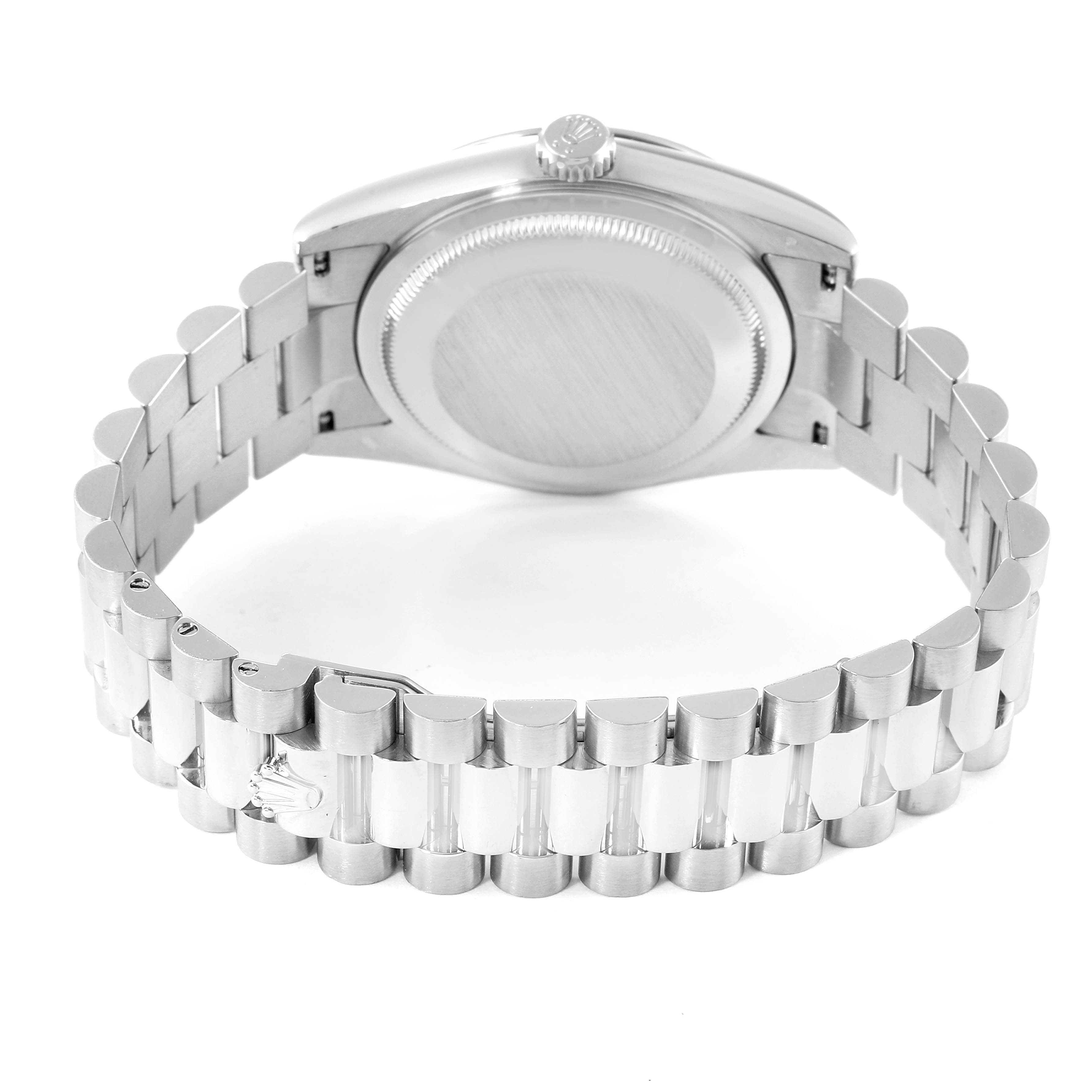 This image shows the backside and bracelet of a Rolex President 118239 Men's Stainless Steel Silver Dial 118239 Men's Stainless Steel Silver Dial model watch from an angled rear view.